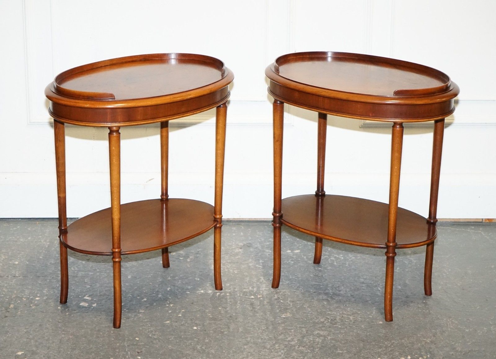 Vintage Pair Of Flamed Mahogany Oval Side End Wine Lamp Table Gallery Rail Top photo furniture