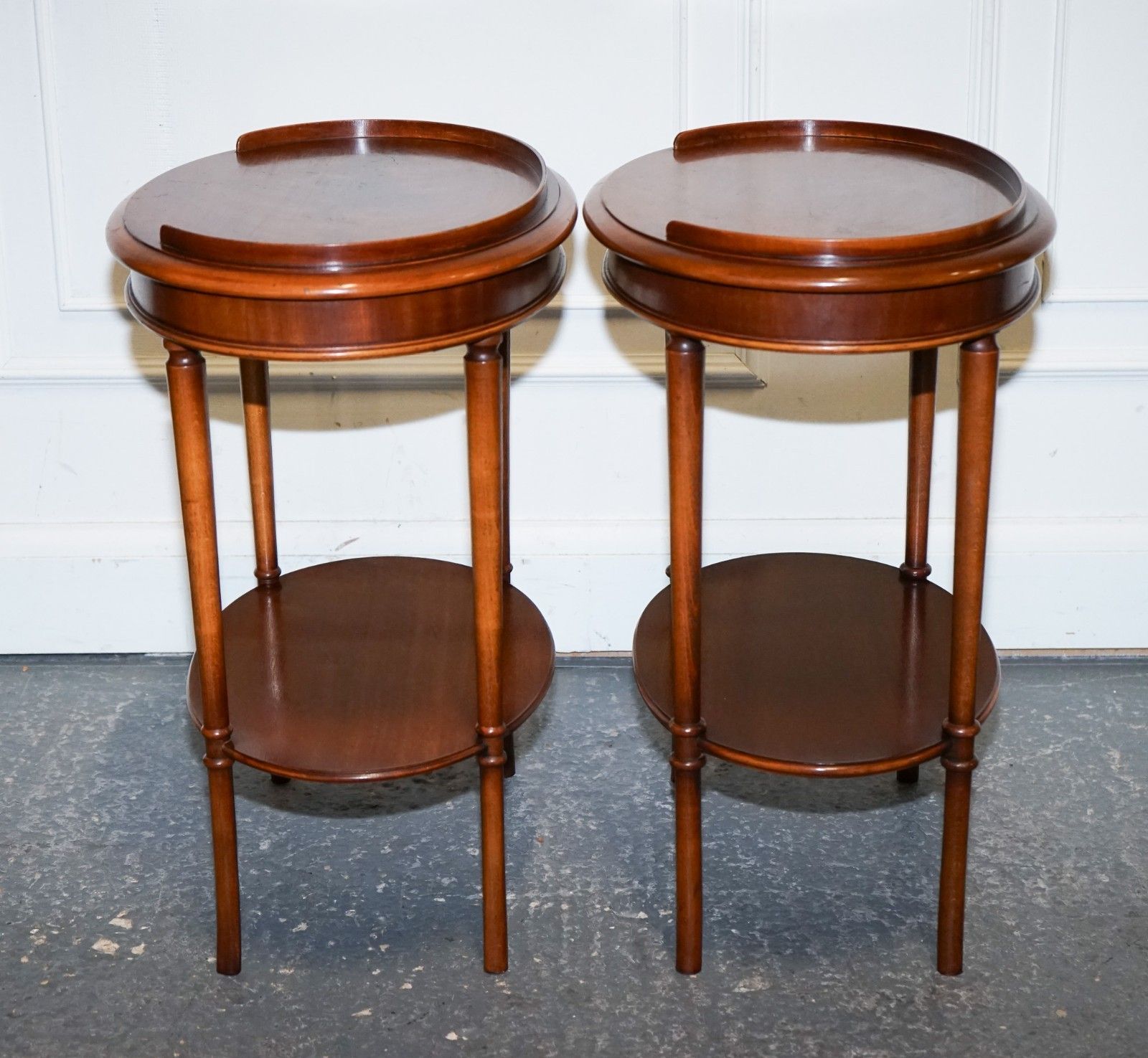 Vintage Pair Of Flamed Mahogany Oval Side End Wine Lamp Table Gallery Rail Top photo Furniture