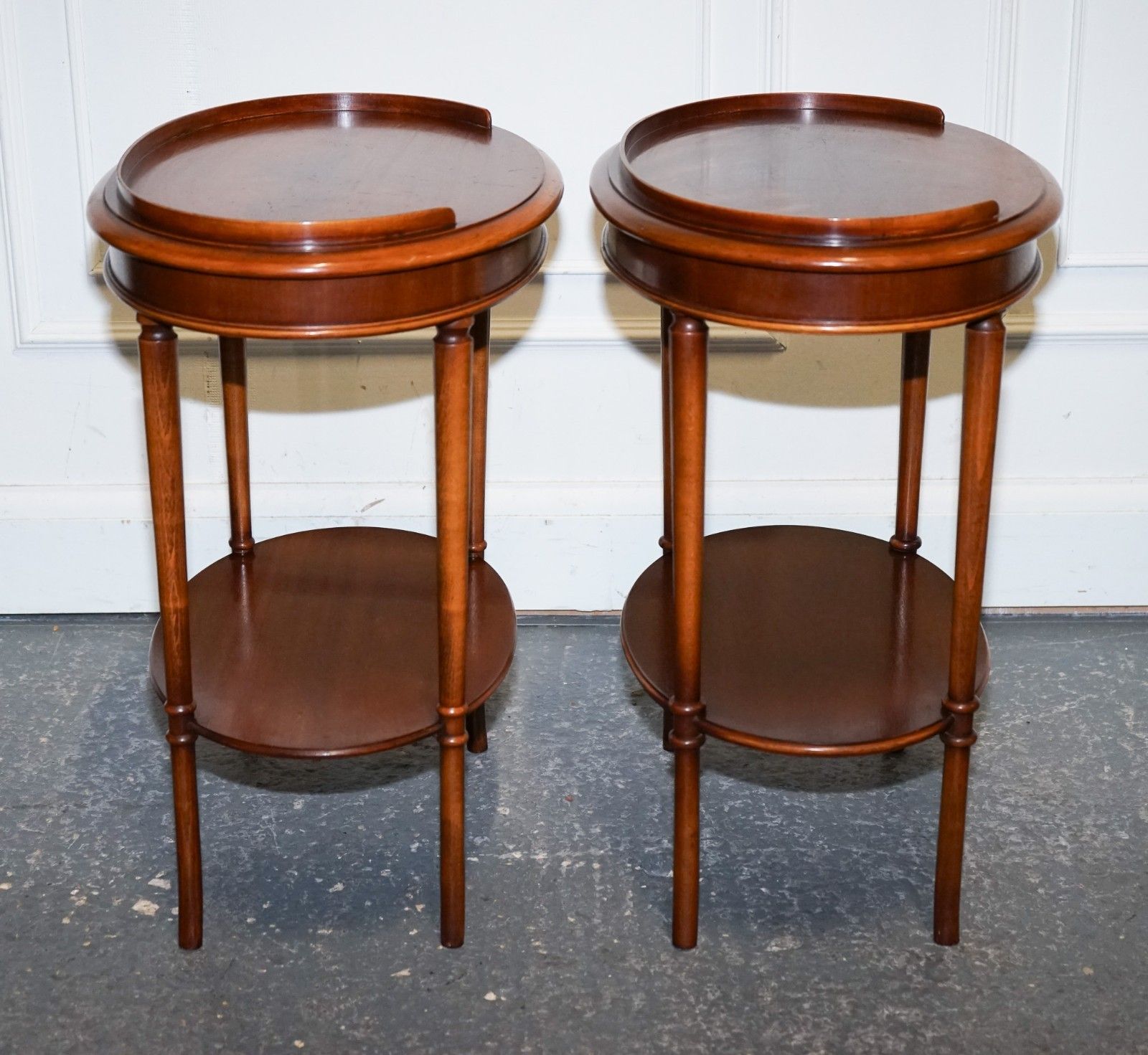 Vintage Pair Of Flamed Mahogany Oval Side End Wine Lamp Table Gallery Rail Top photo 1250.0