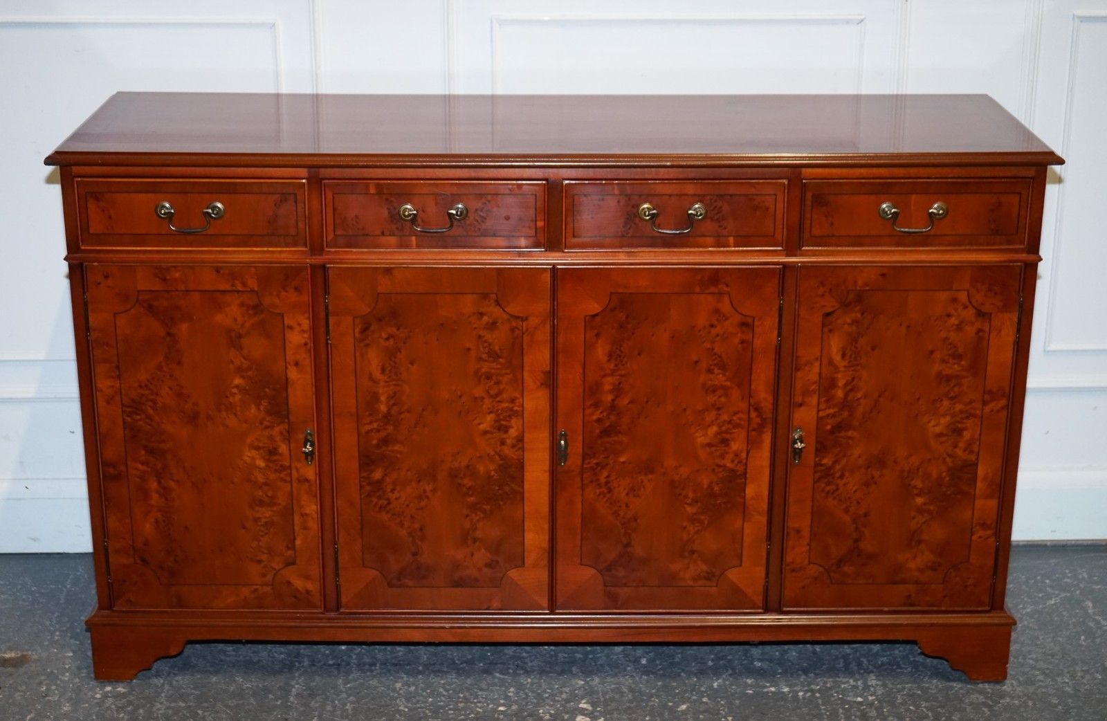 Vintage Burr Yew Wood Sideboard With Four Cupboards & Drawers photo for sale