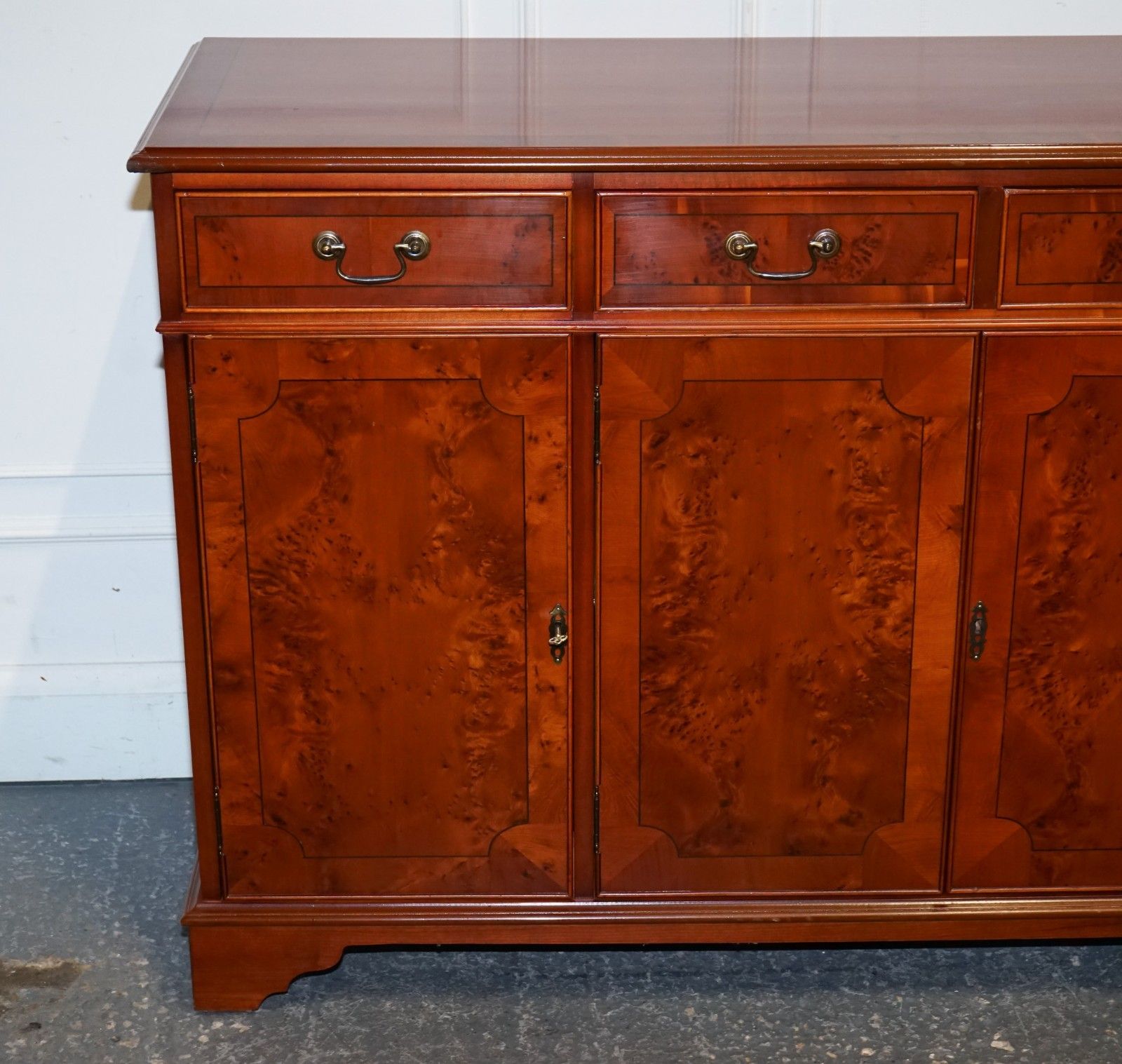 Vintage Burr Yew Wood Sideboard With Four Cupboards & Drawers photo Furniture