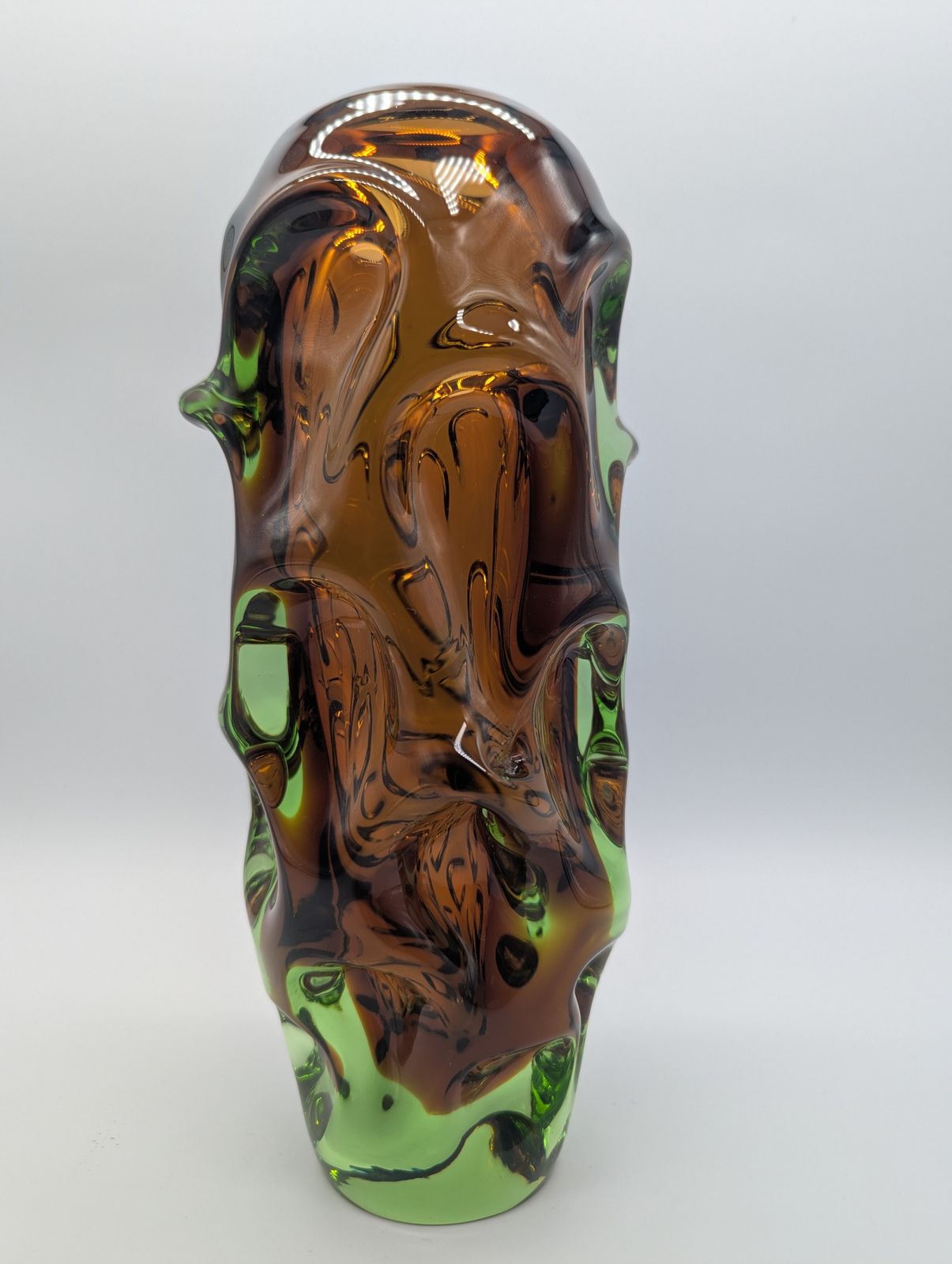 1960s Czech Amber & Green Sommerso “Brain” Vase, Attributed To Pavel Hlava For Borske Sklo (28 Cm) photo Home Decor