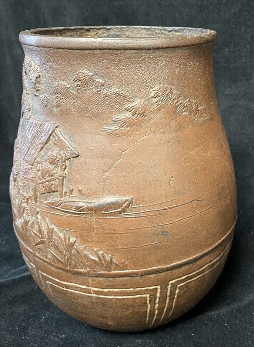 Oriental Finely Cast Vase With Waterscape Bamboo Boat House On Stilts photo Home Decor