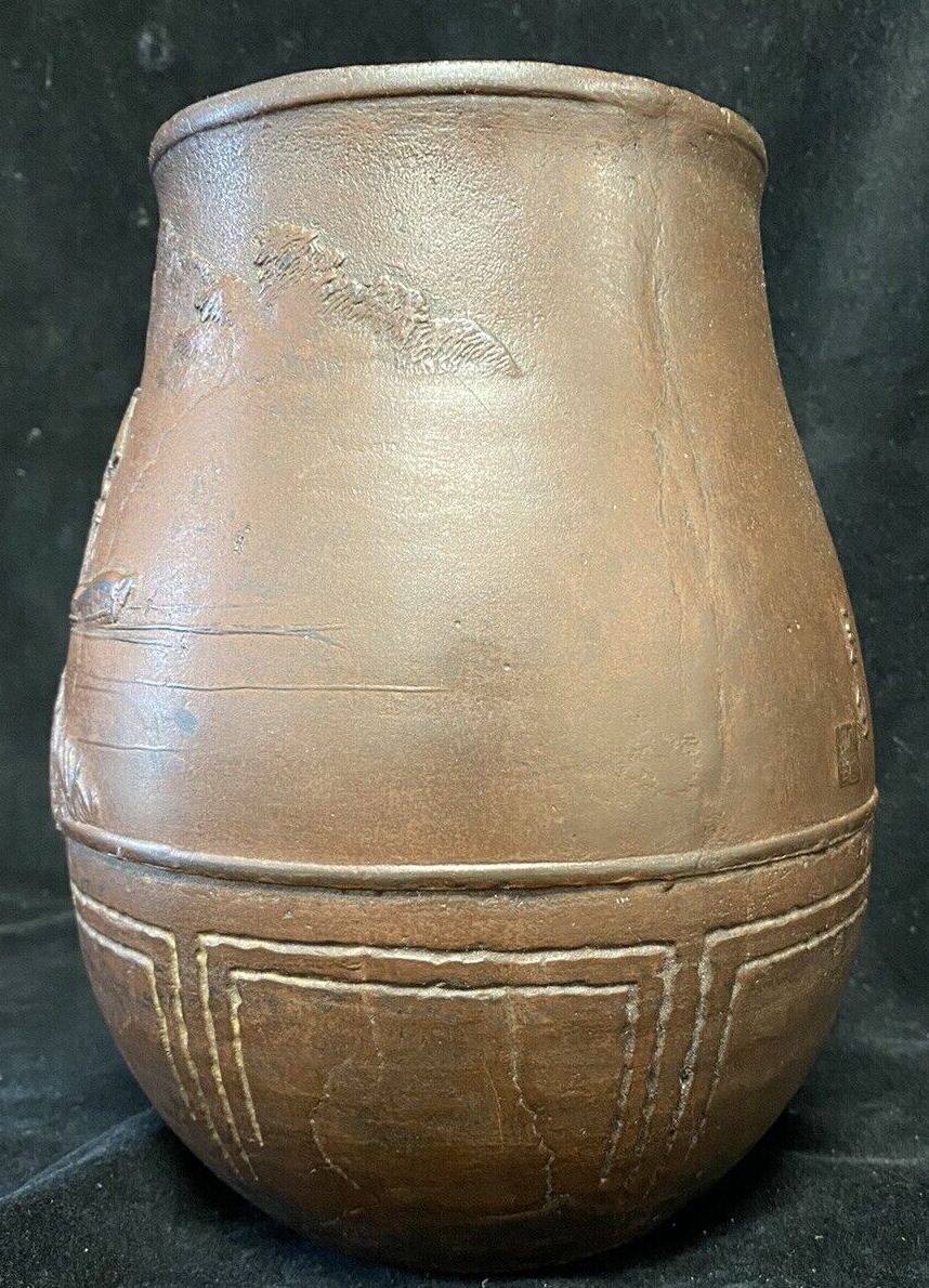 Oriental Finely Cast Vase With Waterscape Bamboo Boat House On Stilts photo vinterior