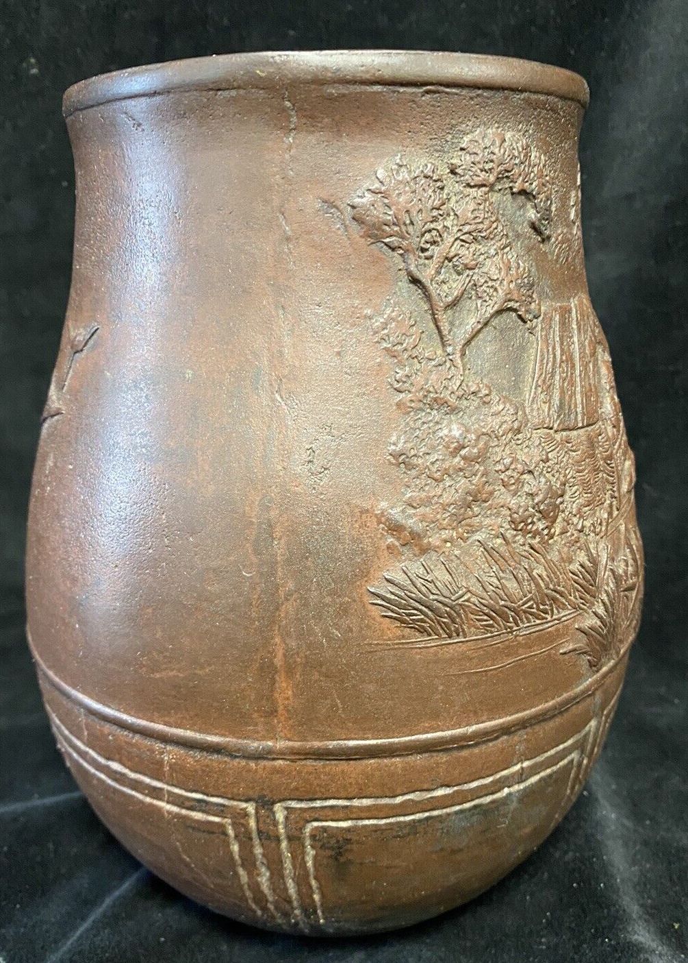 Oriental Finely Cast Vase With Waterscape Bamboo Boat House On Stilts photo vintage