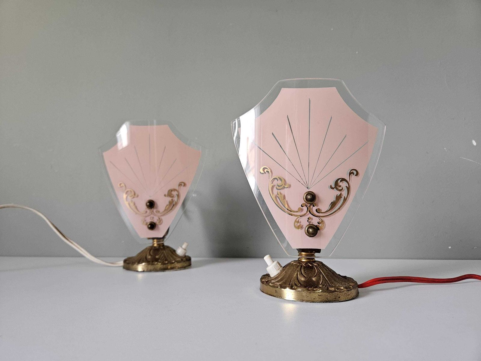 Pair Of Vintage Art Deco Table Lamps | Pink Glass & Brass Base | 1950s Bedside Lights photo furniture