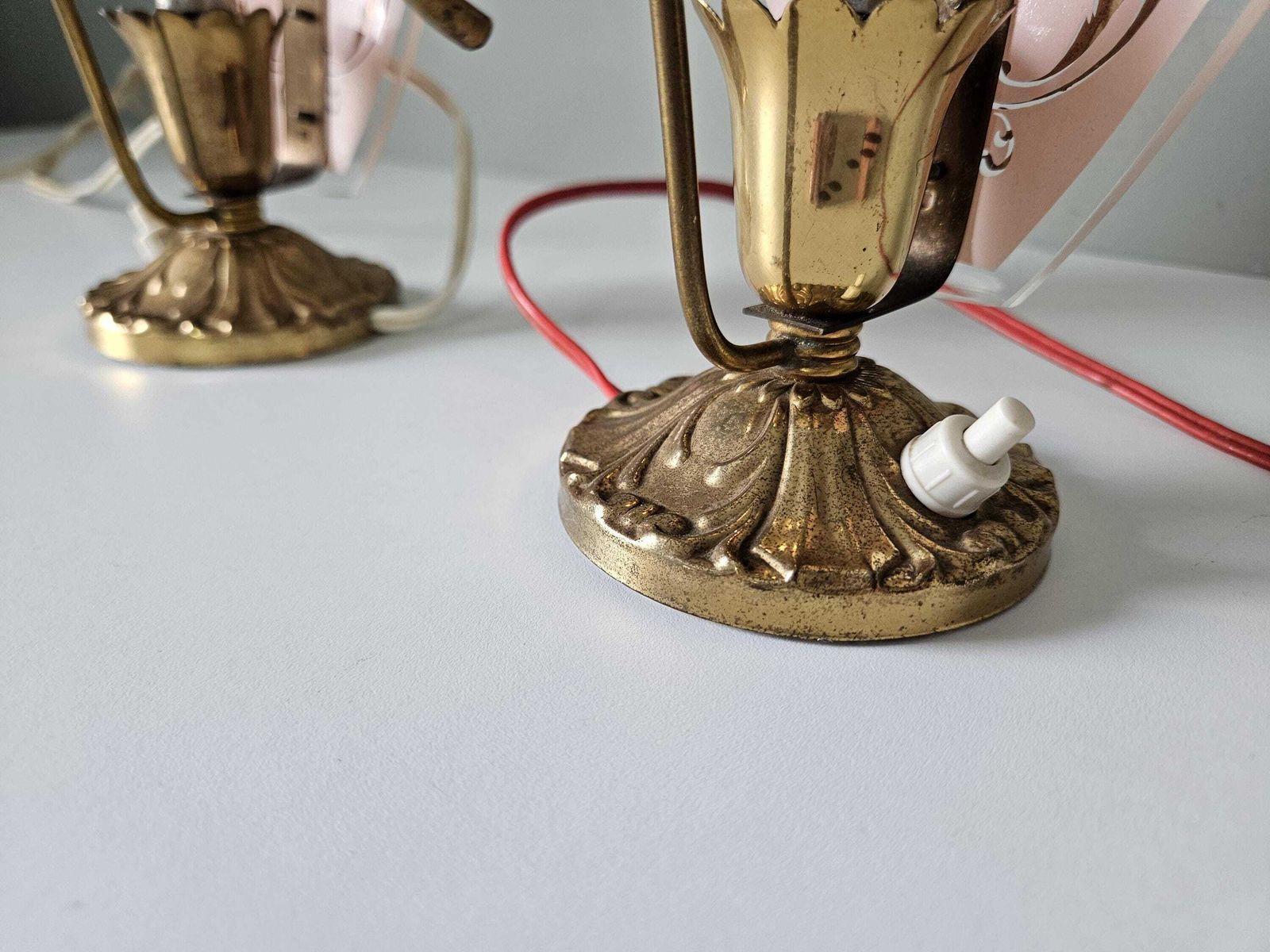 Pair Of Vintage Art Deco Table Lamps | Pink Glass & Brass Base | 1950s Bedside Lights photo buy