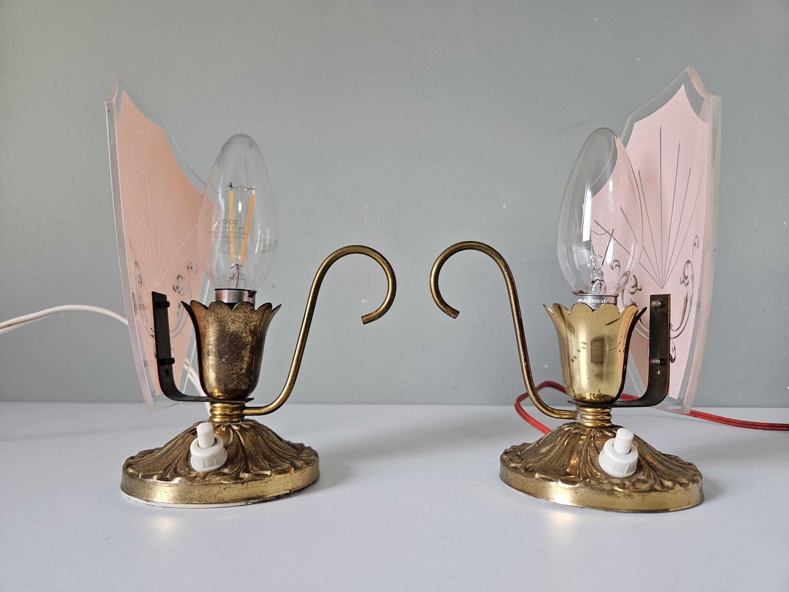Pair Of Vintage Art Deco Table Lamps | Pink Glass & Brass Base | 1950s Bedside Lights photo vintage