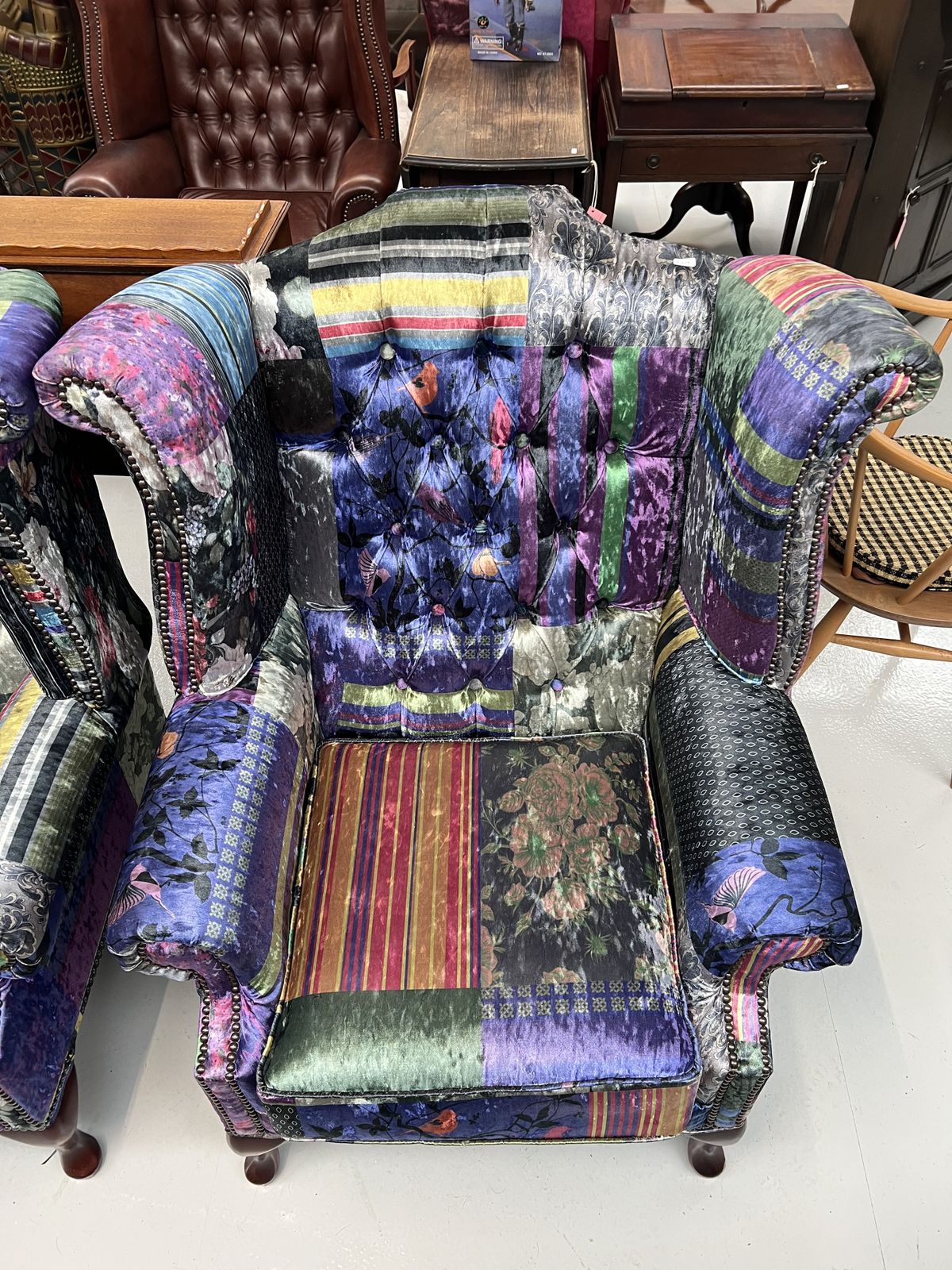 Pair Of Printed Fabric Wing Armchairs With Unusual Design photo for sale