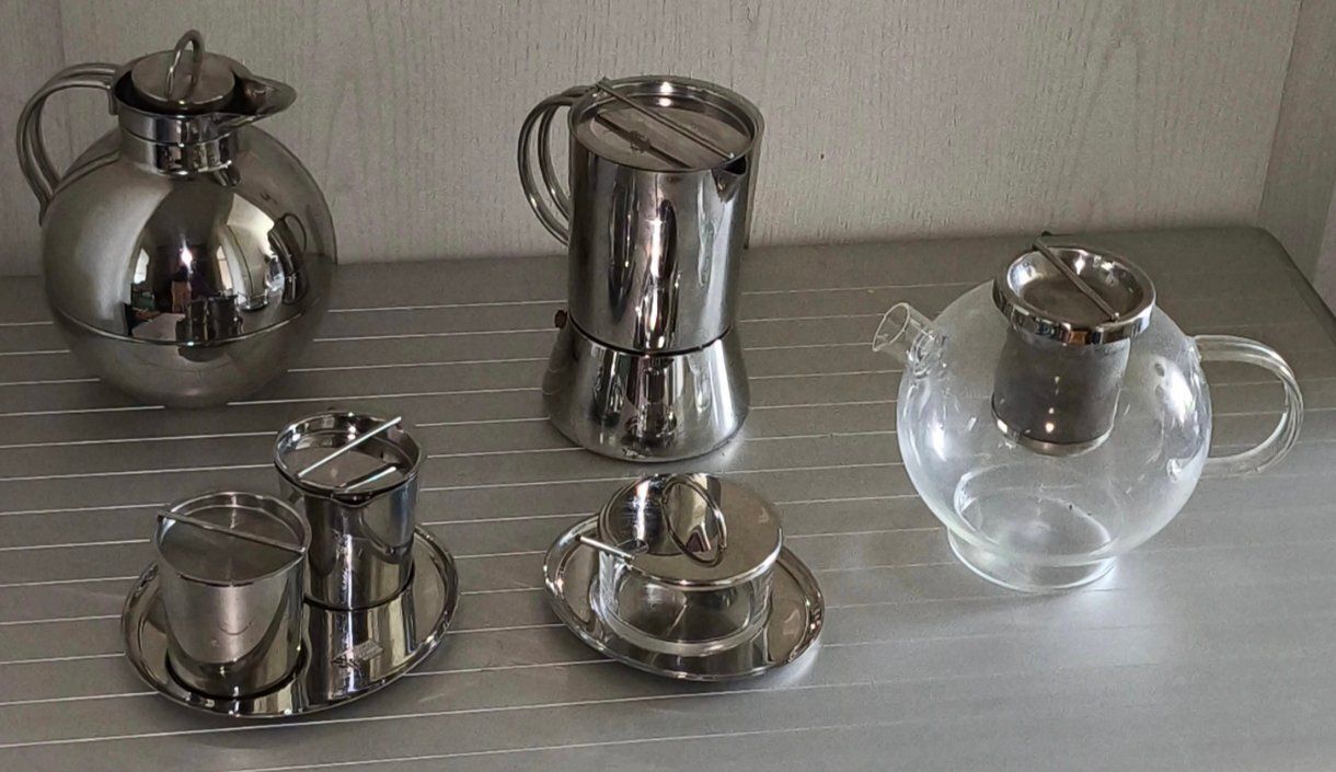 Cromargan Concept Series Tea Coffee Sugar Jam Thermos Espresso Maker By Ole Palsby For Wmf, 1990s, Set Of 5