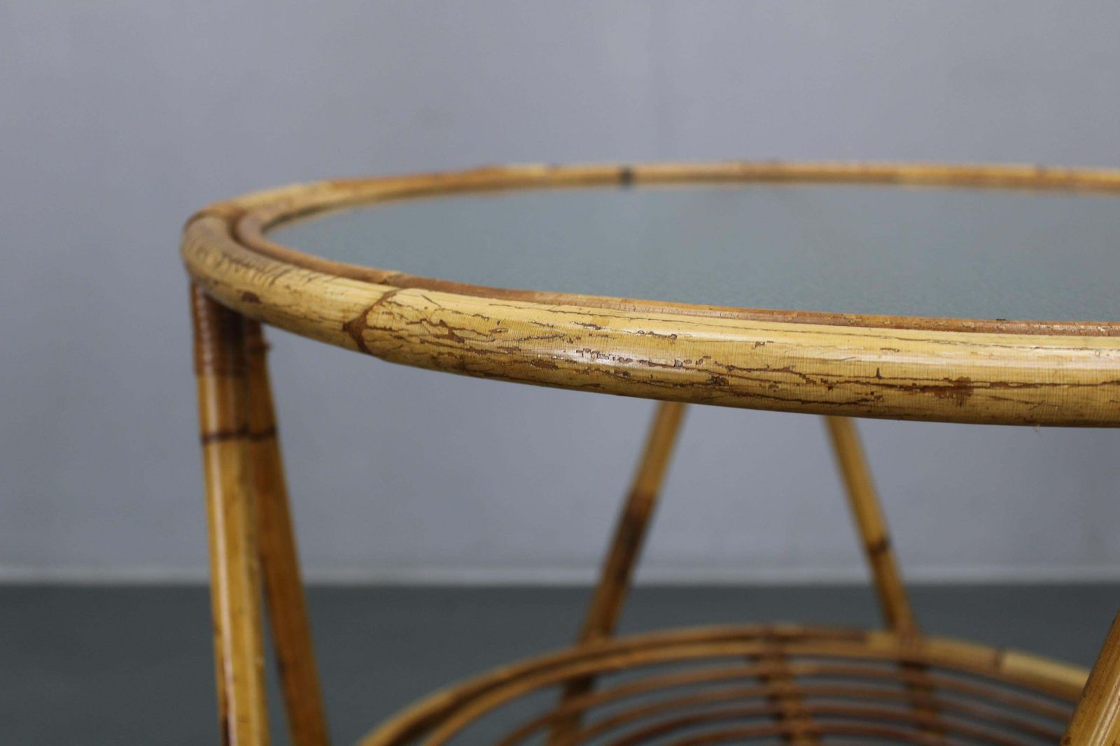 365.0 1960s Italian Rattan Coffee Table With Glass Top, Mid Century Round Design photo