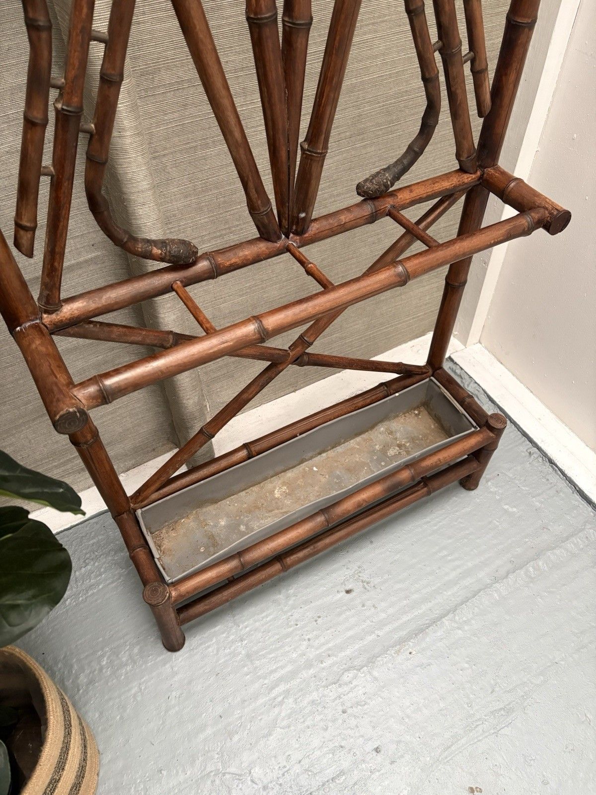 French Antique Bamboo Hat Coat Umbrella Stand Fan Shaped Beveled Mirror 1800s photo furniture