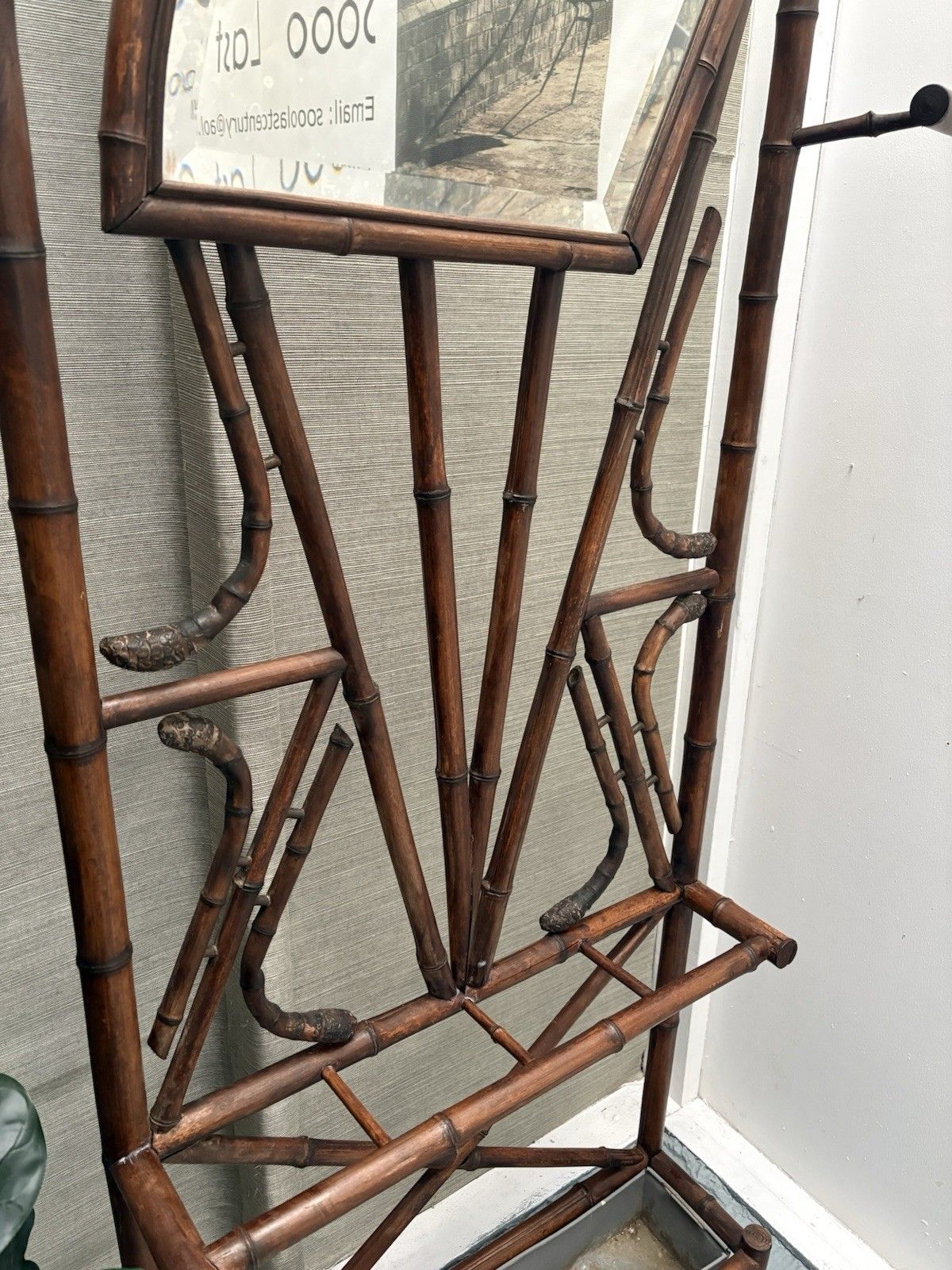 French Antique Bamboo Hat Coat Umbrella Stand Fan Shaped Beveled Mirror 1800s photo for sale