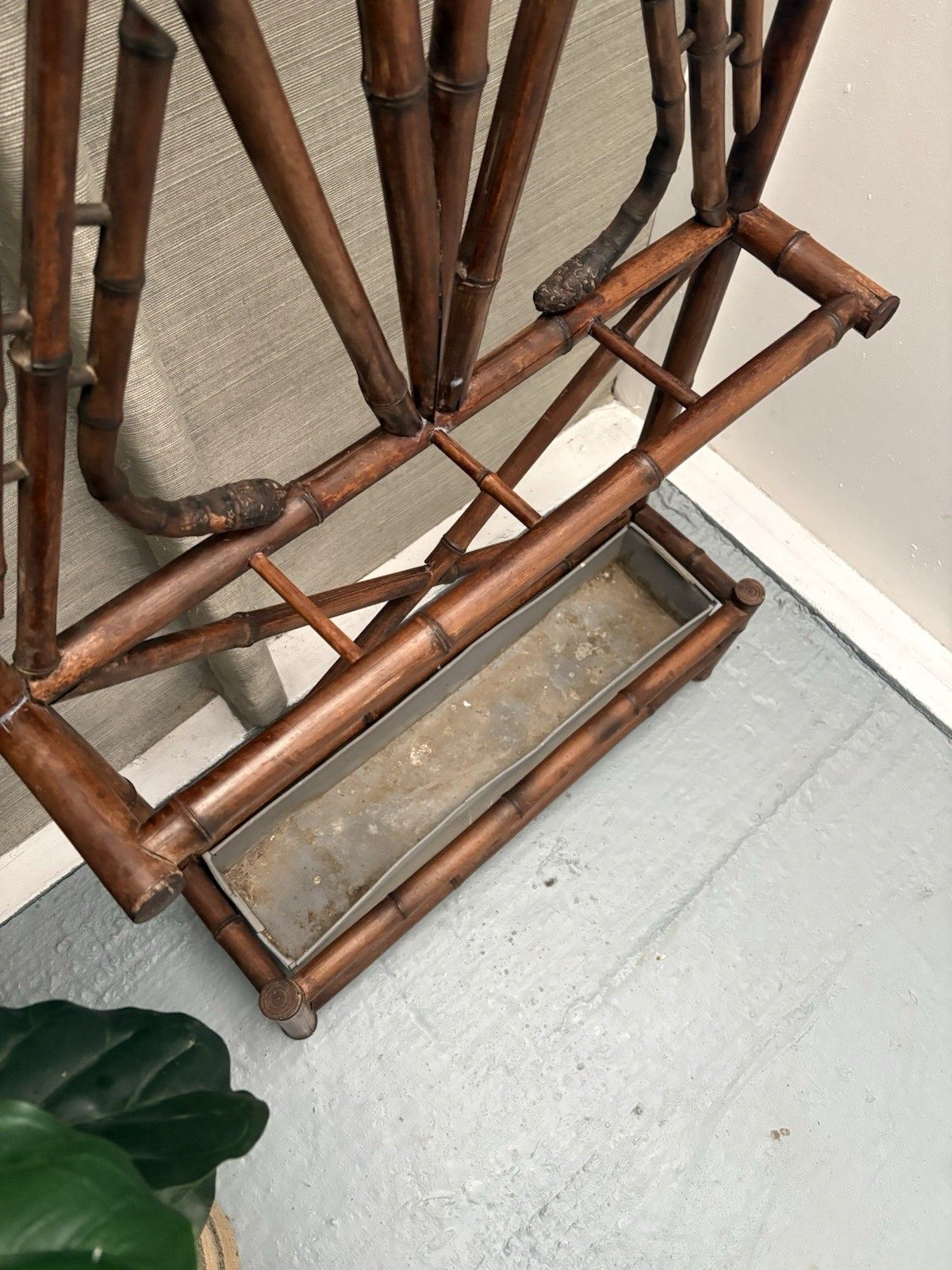 French Antique Bamboo Hat Coat Umbrella Stand Fan Shaped Beveled Mirror 1800s photo 375.0