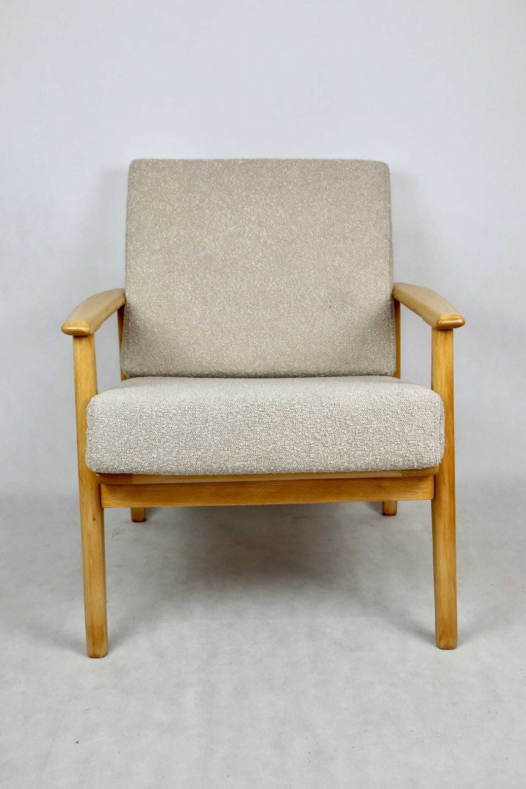 Vintage Danish Armchair, 1970s, Beige Boucle  Light Wood  2 Pieces Available photo furniture