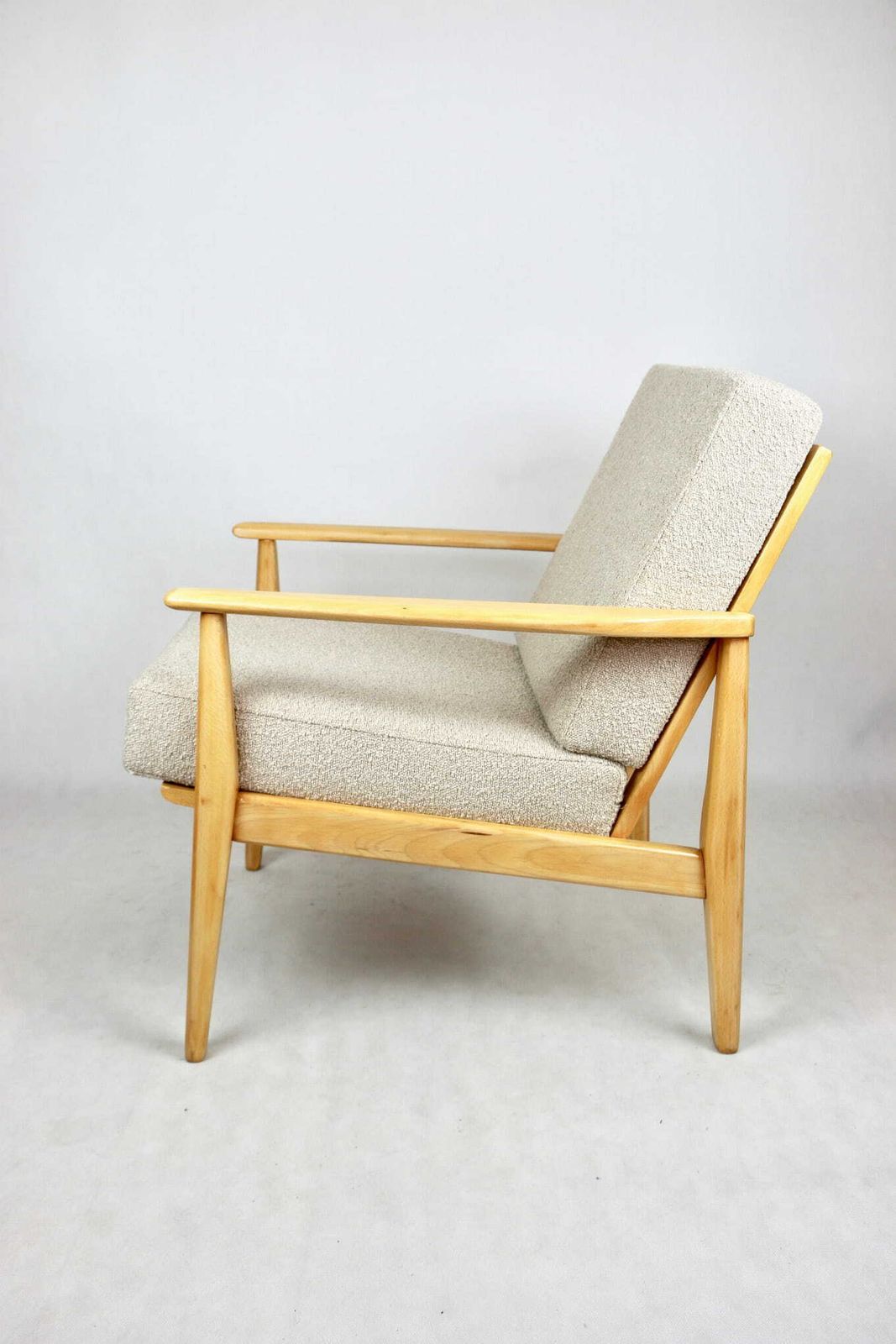Vintage Danish Armchair, 1970s, Beige Boucle  Light Wood  2 Pieces Available photo buy