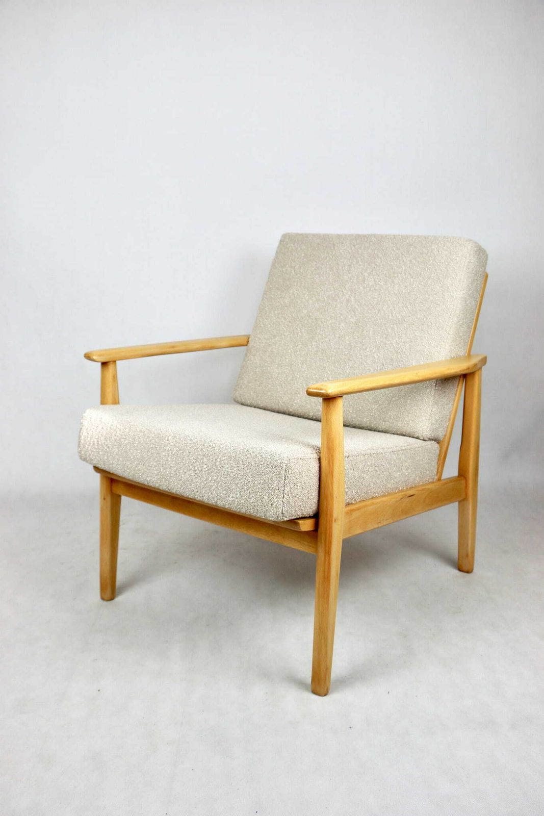 Vintage Danish Armchair, 1970s, Beige Boucle  Light Wood  2 Pieces Available photo vintage