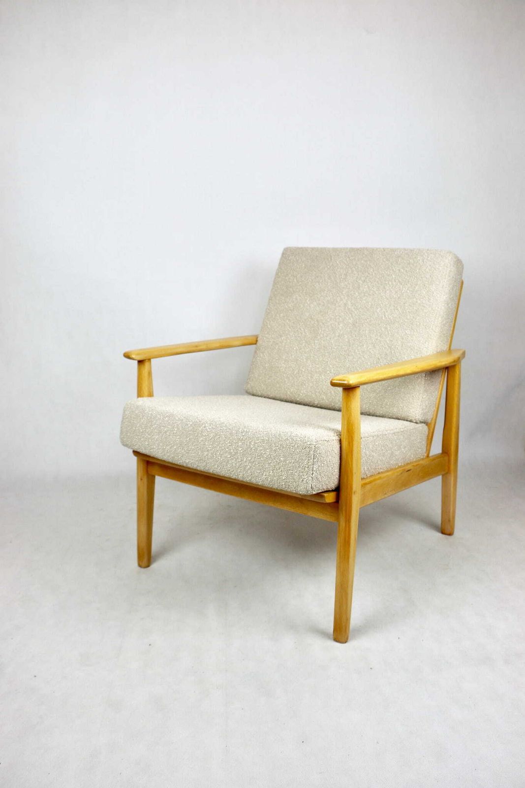 photo for sale Vintage Danish Armchair, 1970s, Beige Boucle  Light Wood  2 Pieces Available