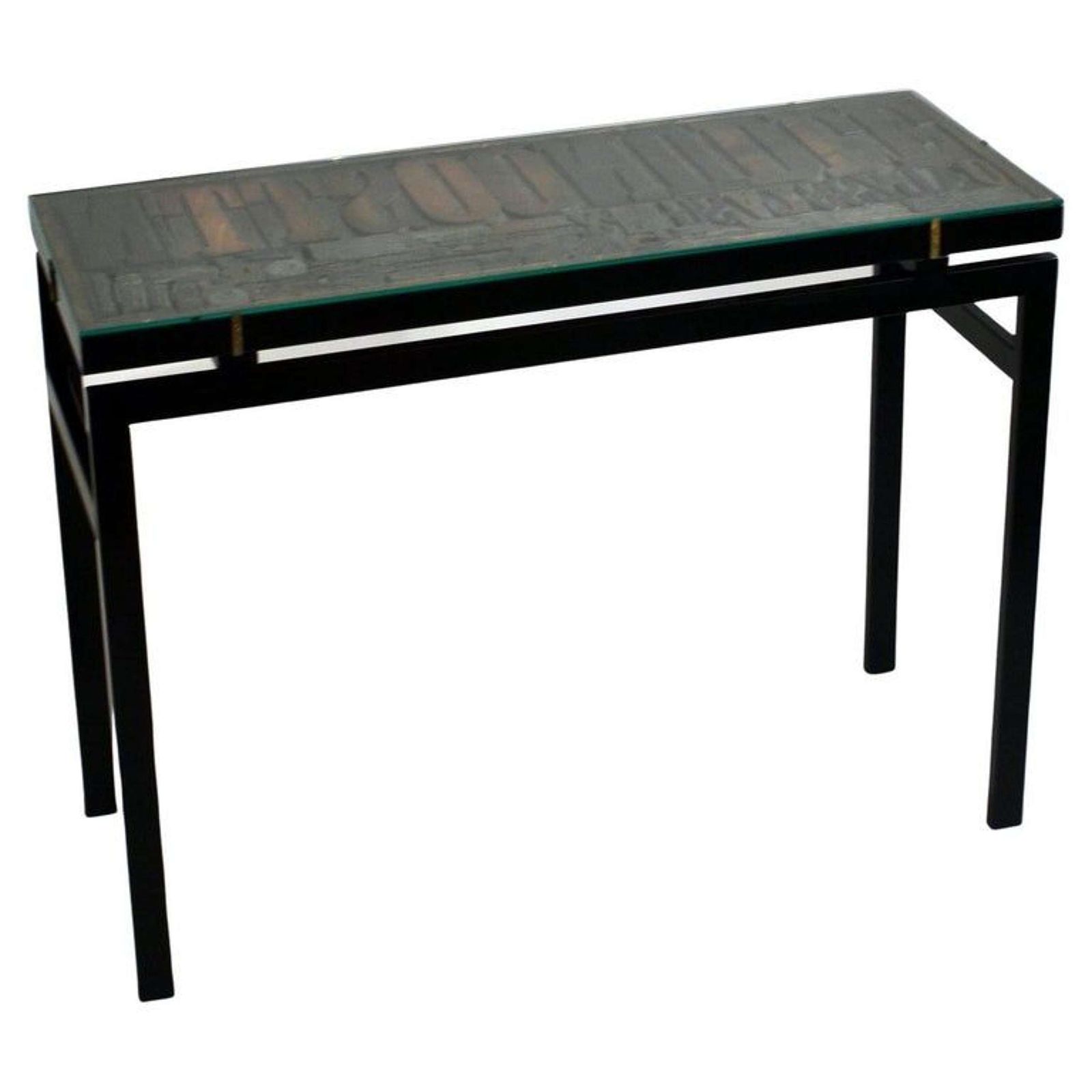 Console With Wood Relief Top And Glass On Black Metal Frame photo furniture