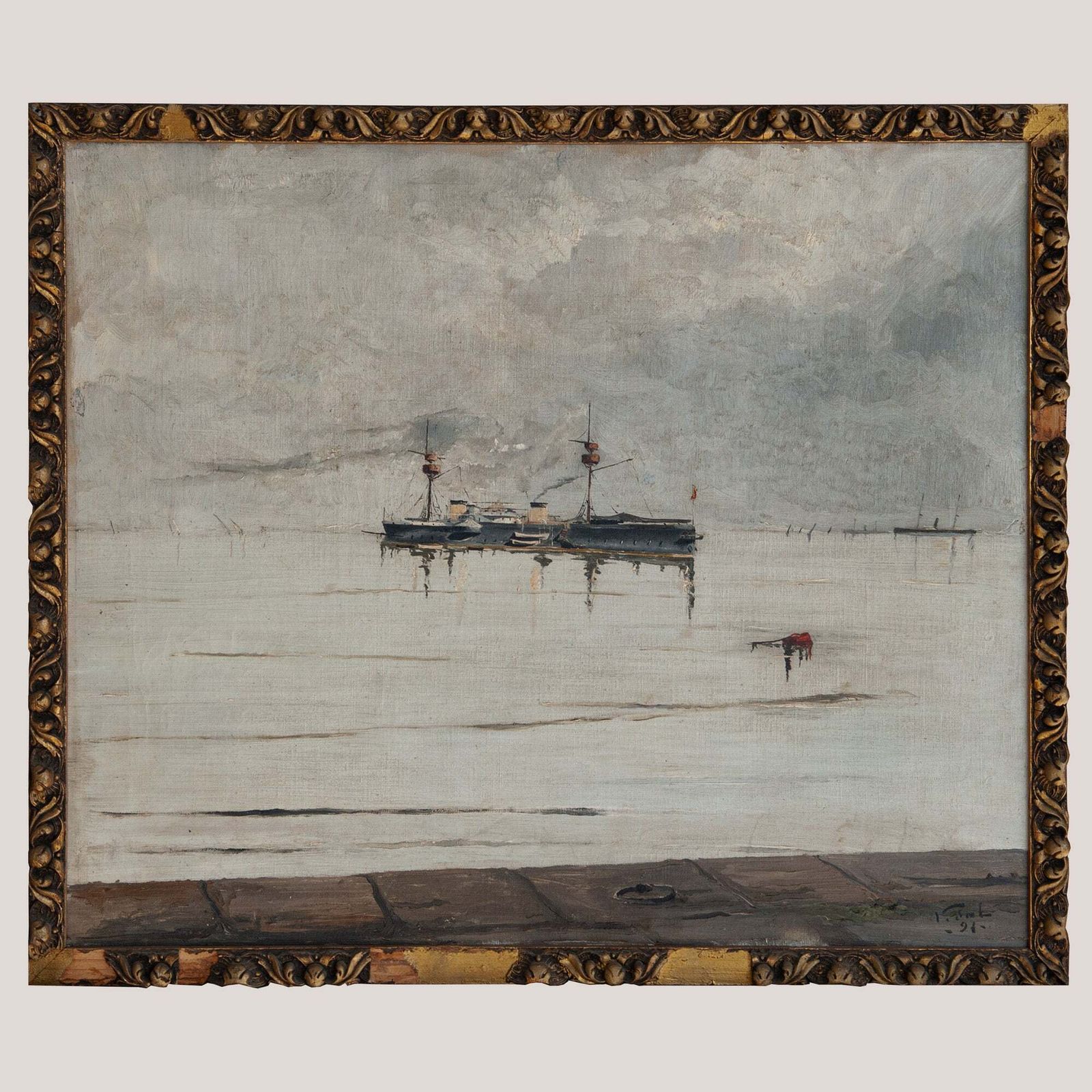 Spanish Steam Warship Pelayo – Signed And Dated   Oil On Canvas photo furniture