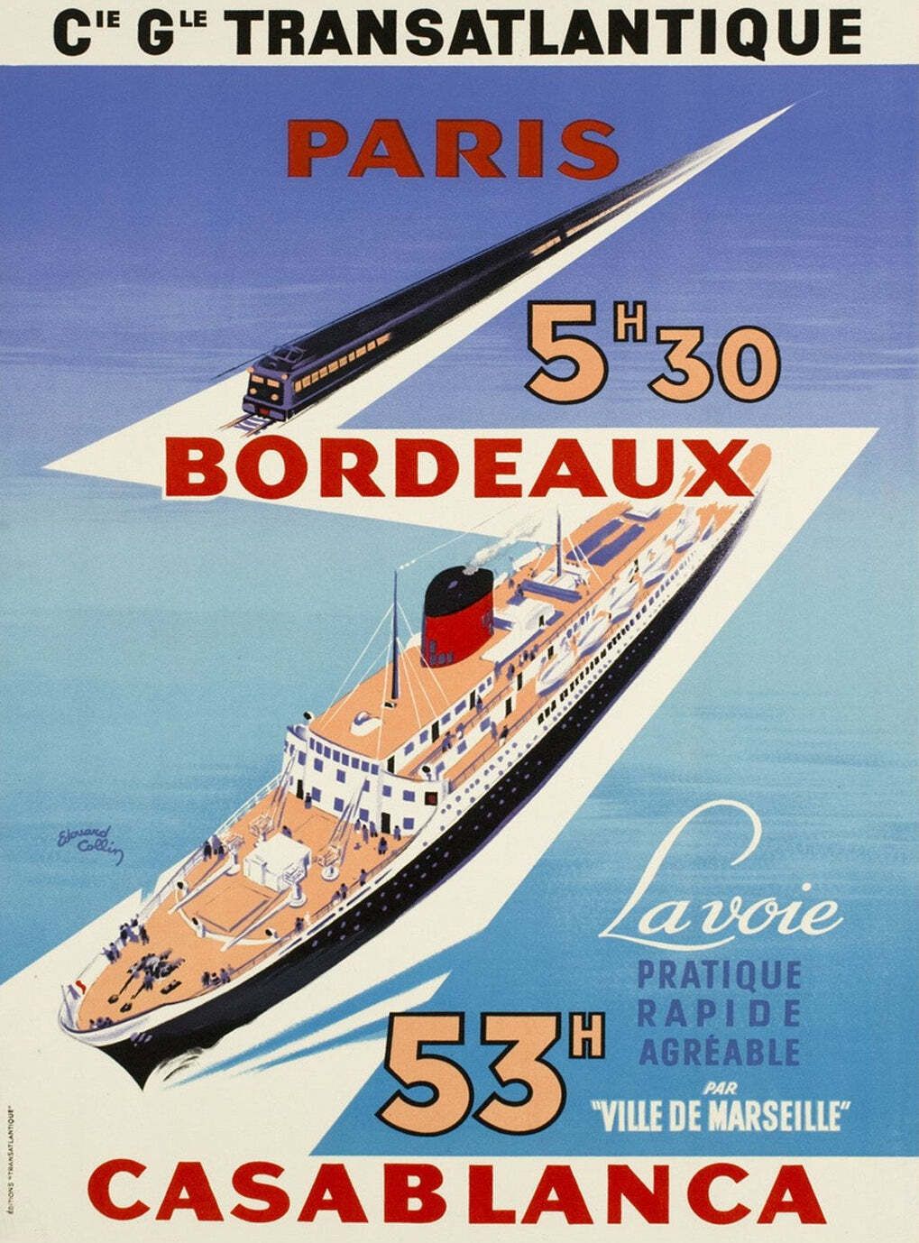 Cie Gle Transatlantique   Paris, Bordeaux, Casablanca Original Vintage Poster
