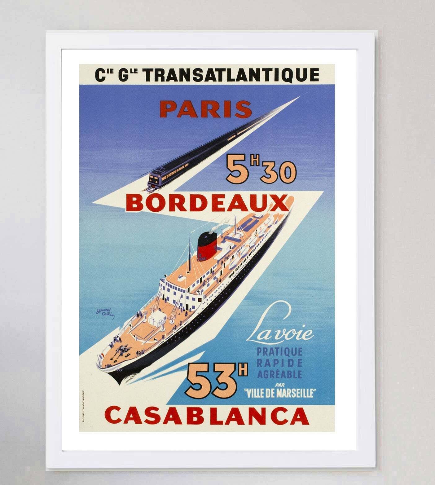 Cie Gle Transatlantique   Paris, Bordeaux, Casablanca Original Vintage Poster photo for sale