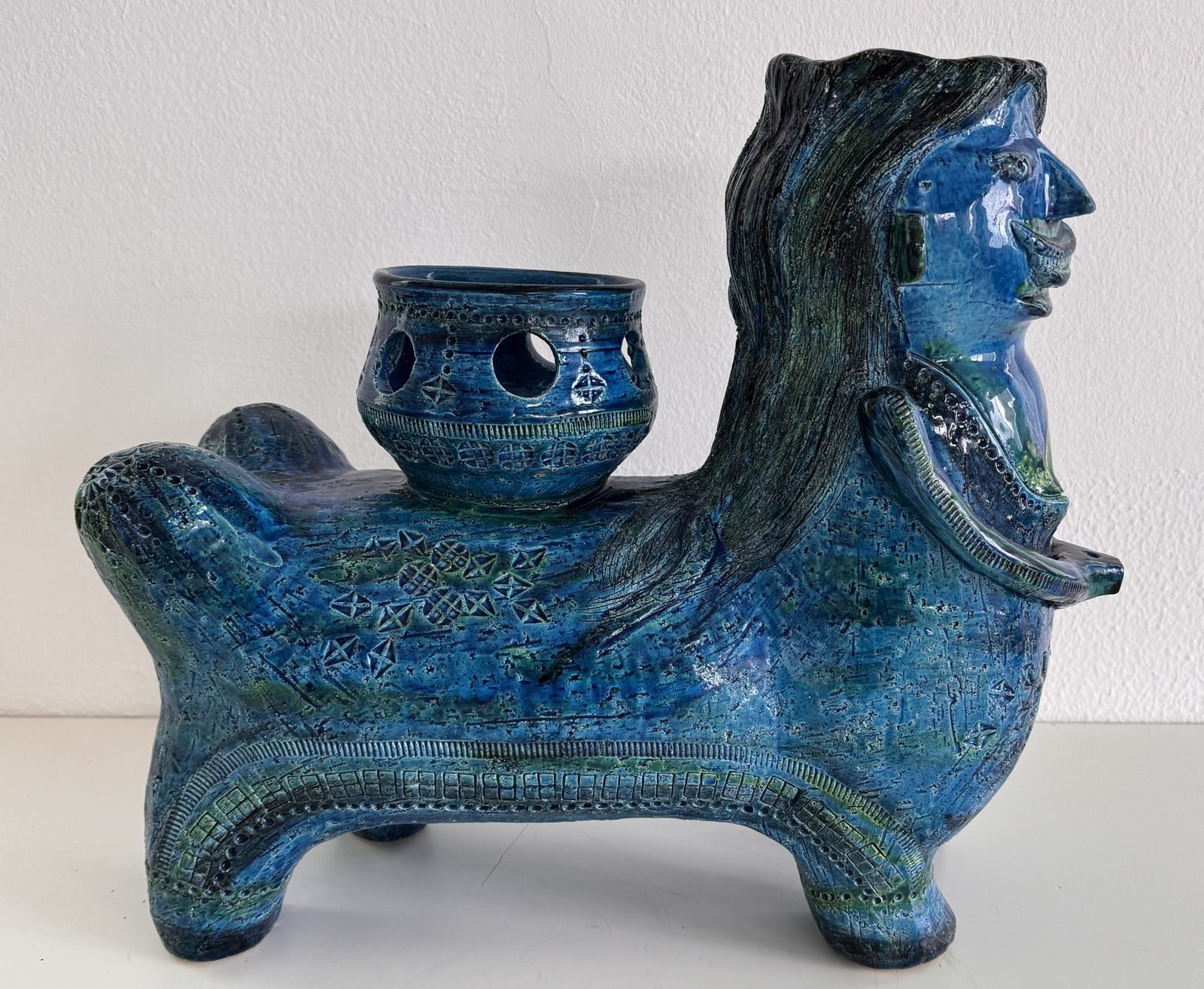 photo furniture Aldo Londi For Bitossi Rimini Blu Ceramic Plant Centaur Sculpture, Italy, 1960s