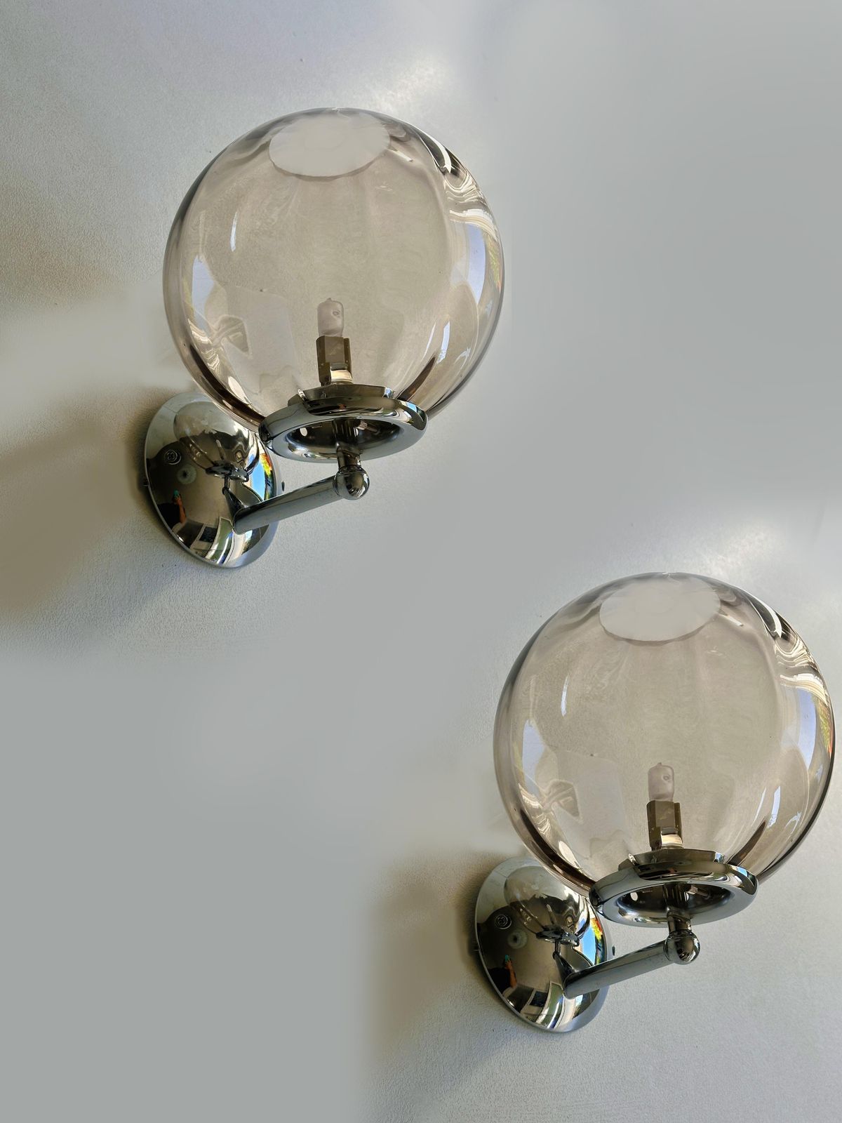 Set Of Two Contemporary Smoked Fumè Sphere Murano Glass Wall Sconces photo vinterior