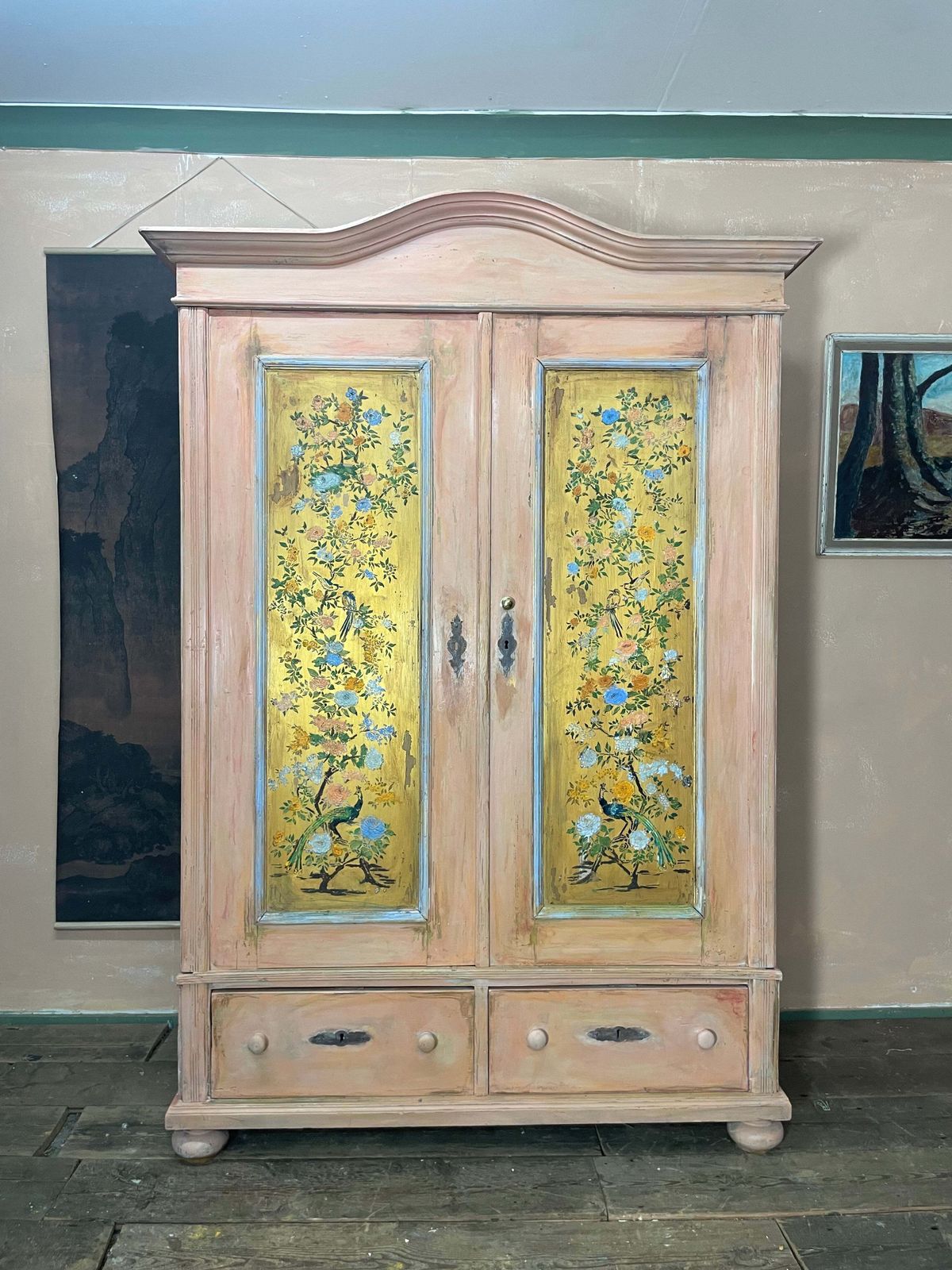 Vintage/ Antique Painted Pine Wardrobe With Inlaid Chinoiserie Panels