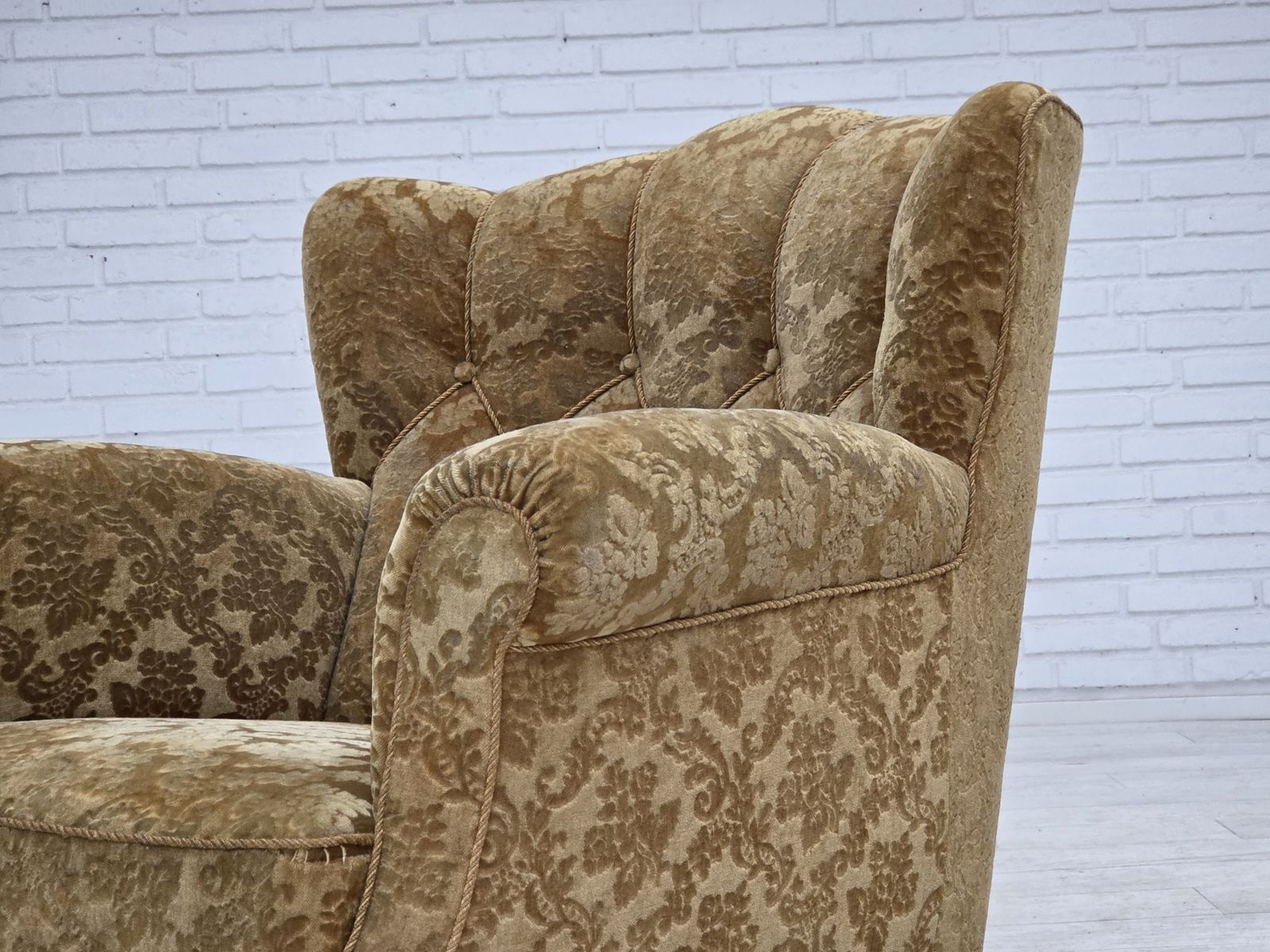 photo buy 1950s, Danish Relax Armchair, Furniture Velour, Carved Oak Wood.
