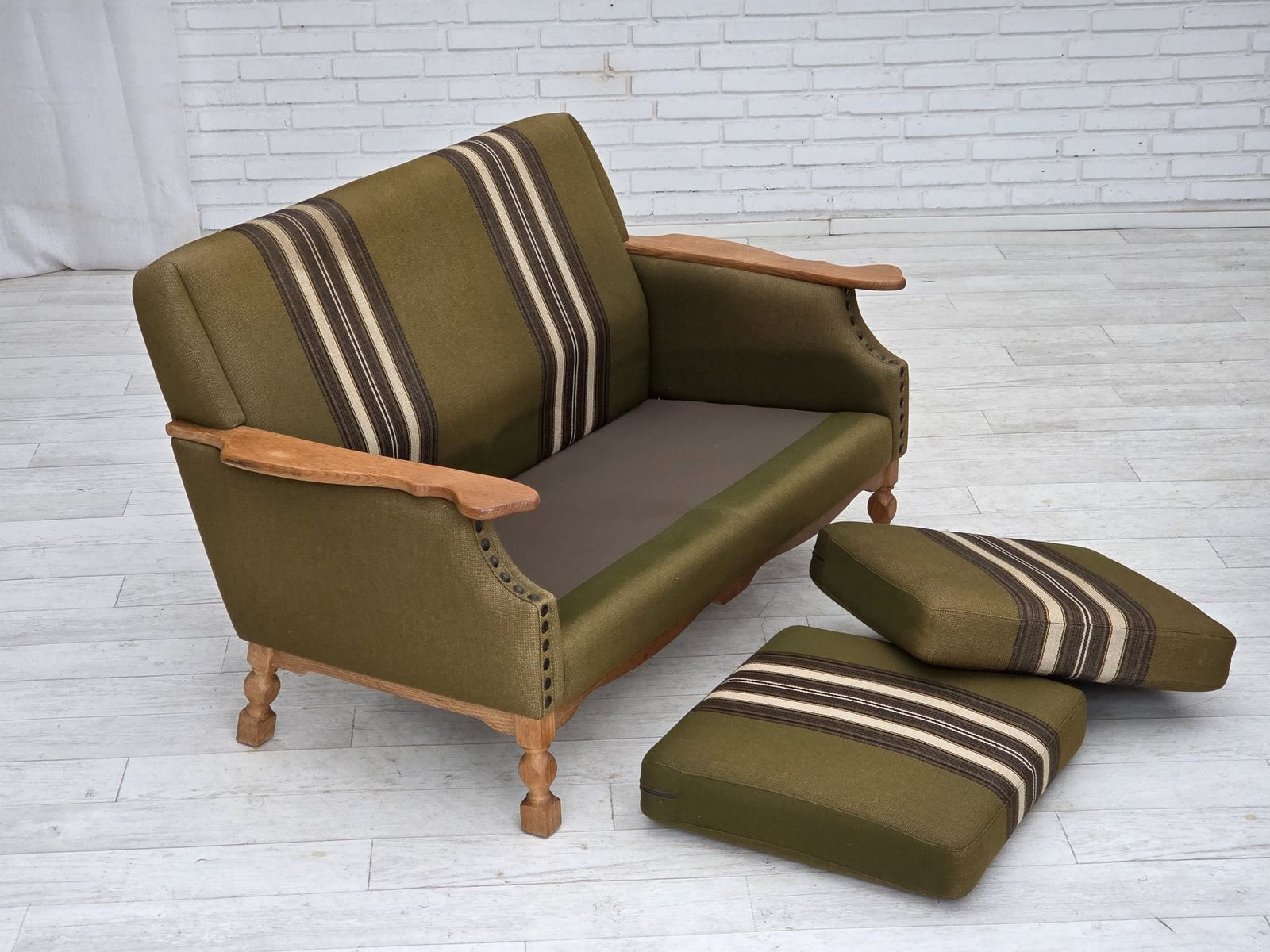 1970s, Danish 2 Seater Sofa, Green Furniture Wool, Oak Wood. photo for sale