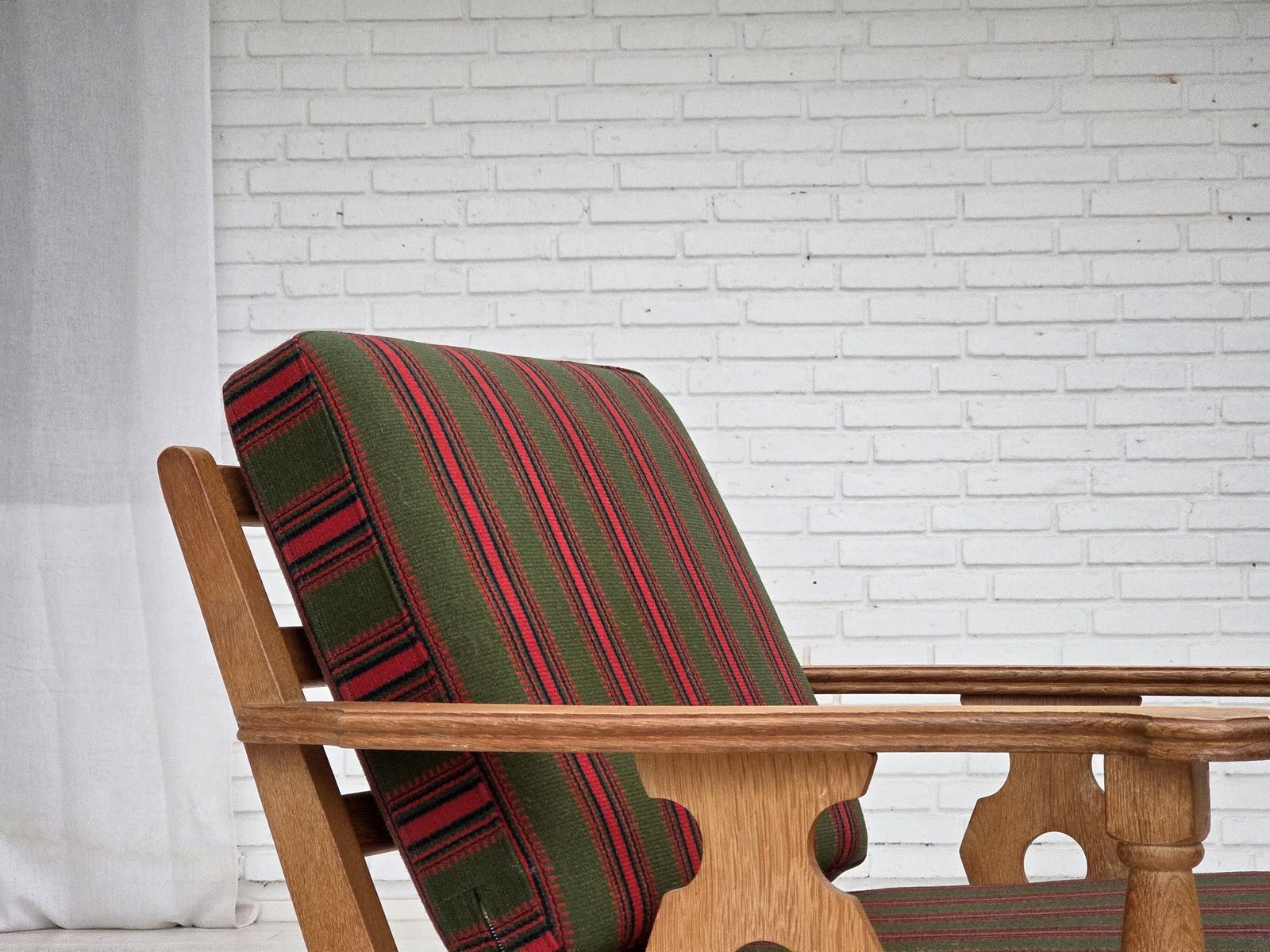 1970s, Danish Armchair, Green Furniture Wool, Solid Oak Wood. photo vintage