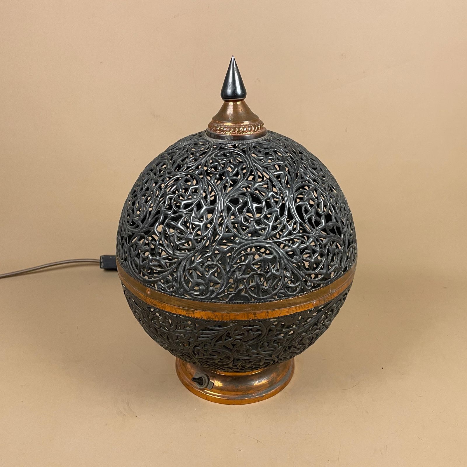 Antique Moroccan Copper Metal Lamp Light Bedside Side Table Desk Ornate Detail Vintage Handmade Patterned Ball Round Lantern Marrakech photo for sale