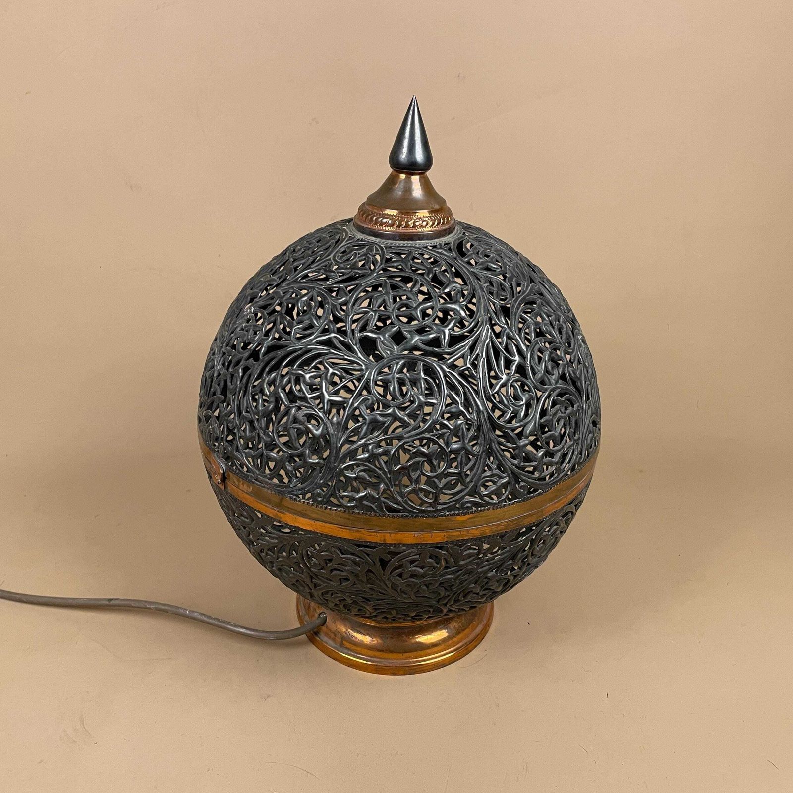 Antique Moroccan Copper Metal Lamp Light Bedside Side Table Desk Ornate Detail Vintage Handmade Patterned Ball Round Lantern Marrakech photo vintage