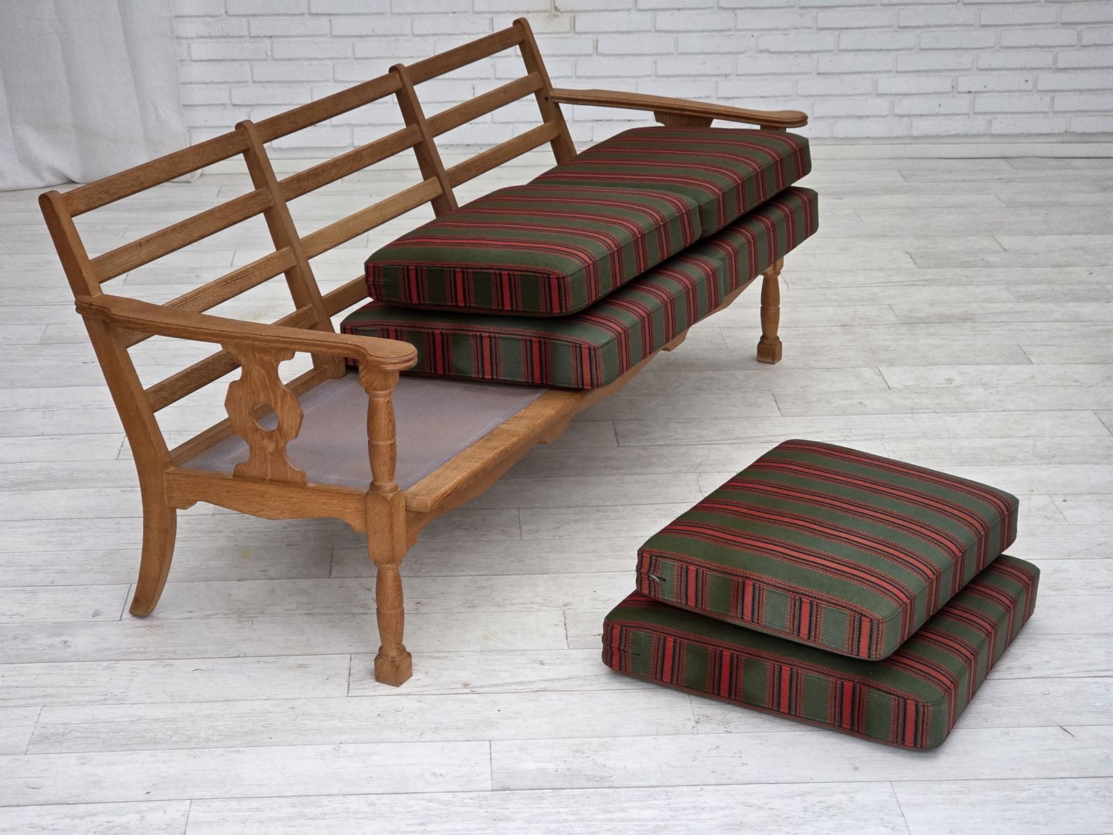 1970s, Danish 3 Seater Sofa, Green Furniture Wool, Oak Wood. photo vinterior