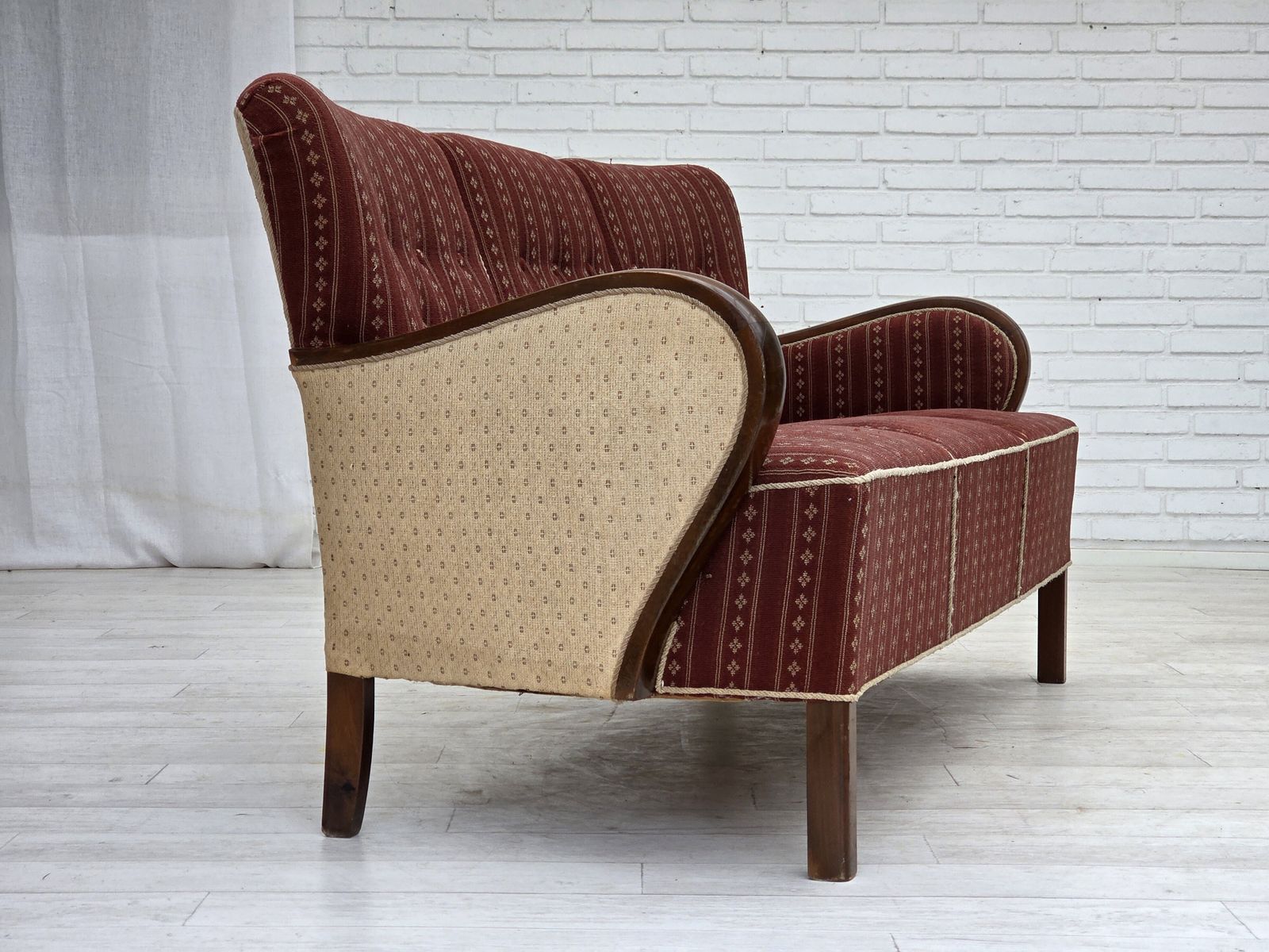 1960s, Danish 3 Seater Sofa, Red Furniture Wool, Beech Wood. photo furniture
