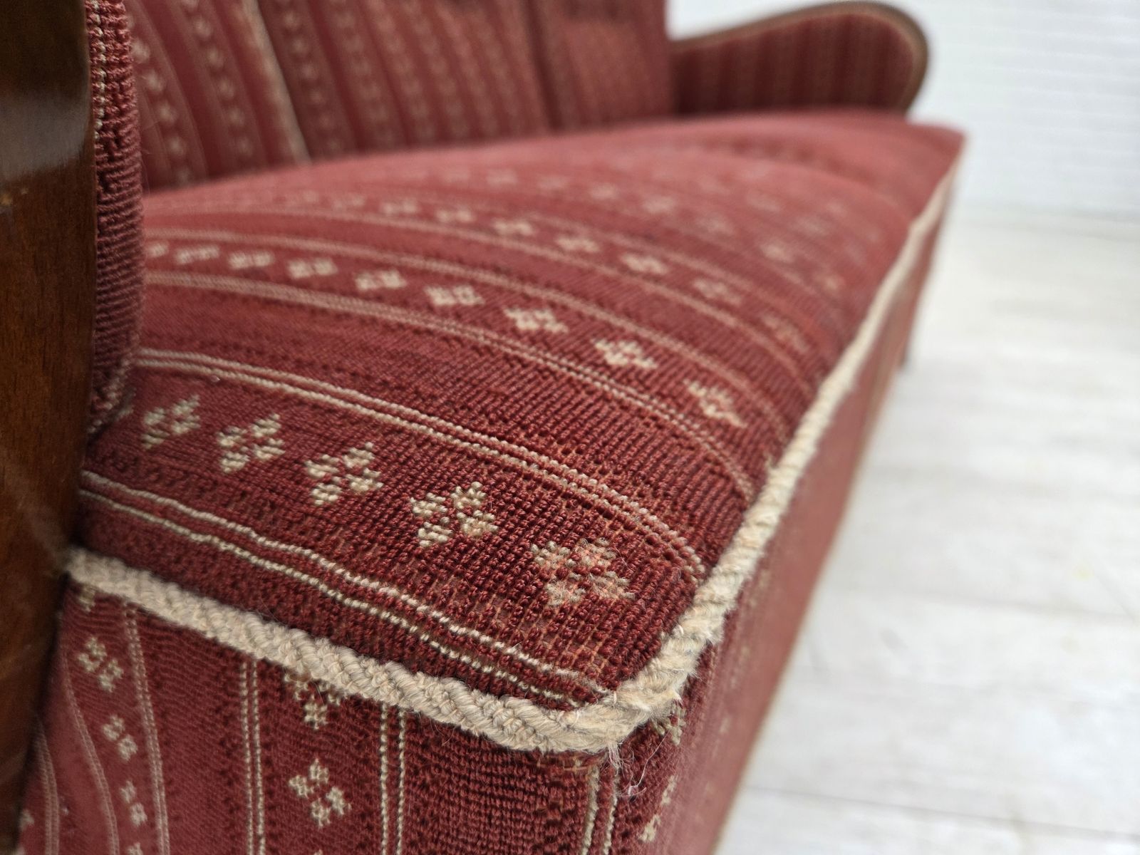 1960s, Danish 3 Seater Sofa, Red Furniture Wool, Beech Wood. photo Furniture