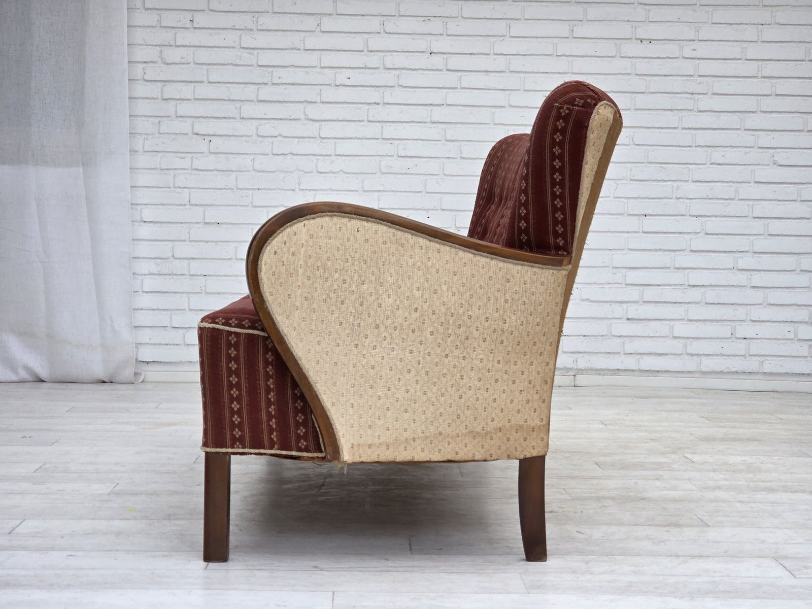 1960s, Danish 3 Seater Sofa, Red Furniture Wool, Beech Wood. photo buy