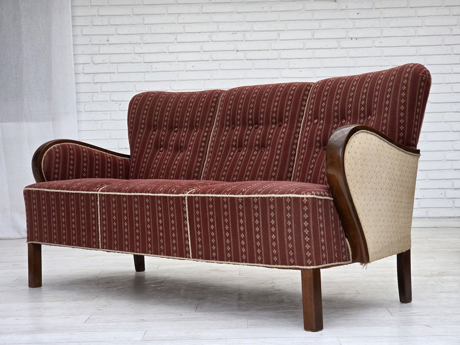 photo buy 1960s, Danish 3 Seater Sofa, Red Furniture Wool, Beech Wood.