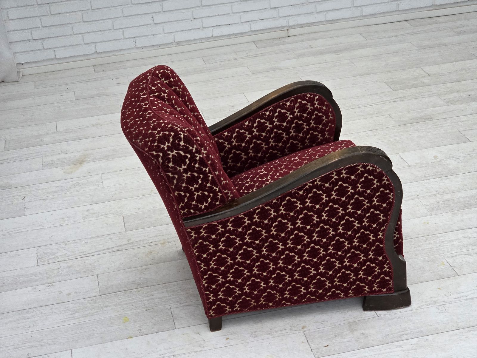 photo for sale 1960s, Danish Armchair, Cherry Red Furniture Velour, Oak Wood.