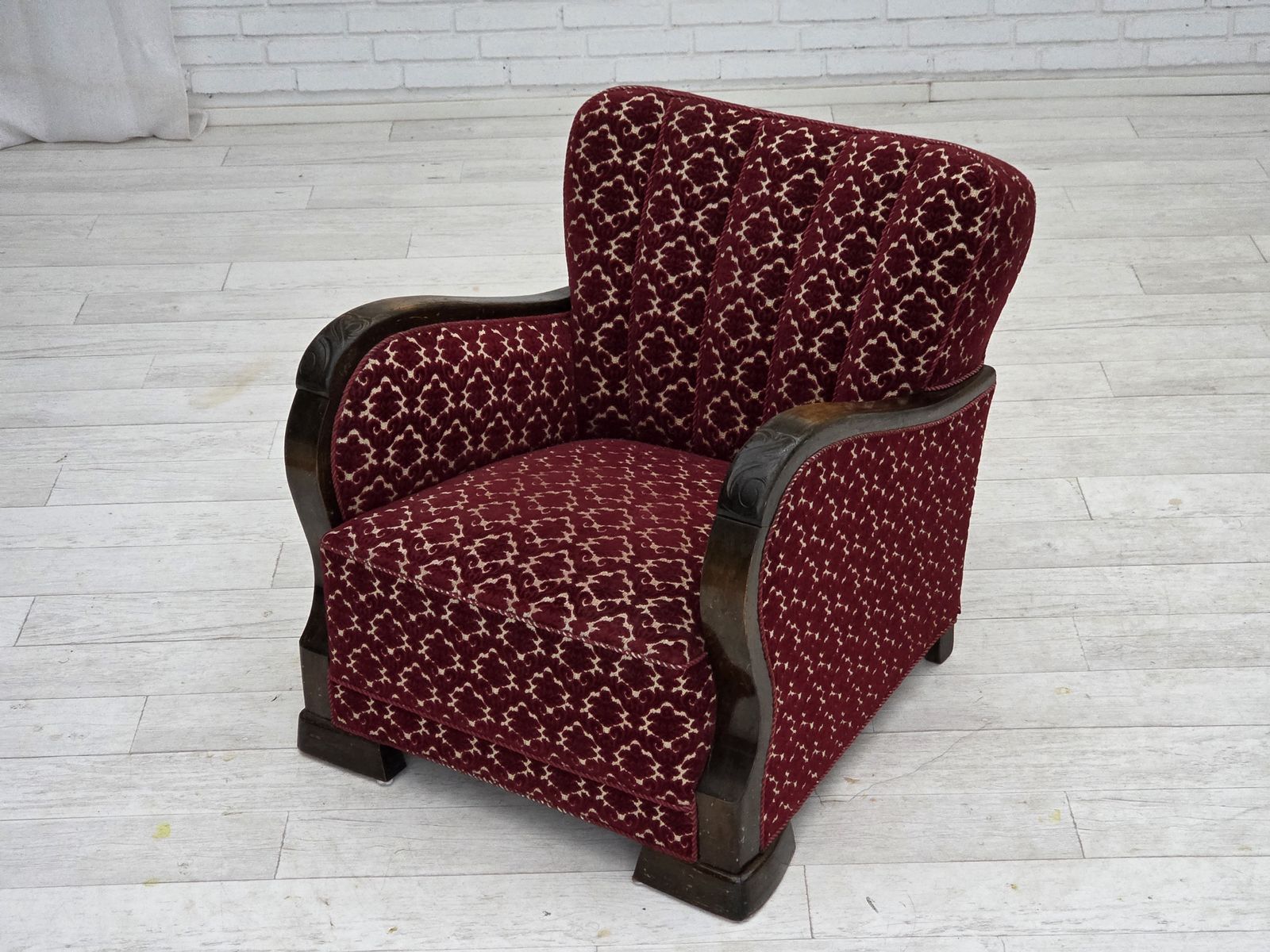 Furniture 1960s, Danish Armchair, Cherry Red Furniture Velour, Oak Wood. photo