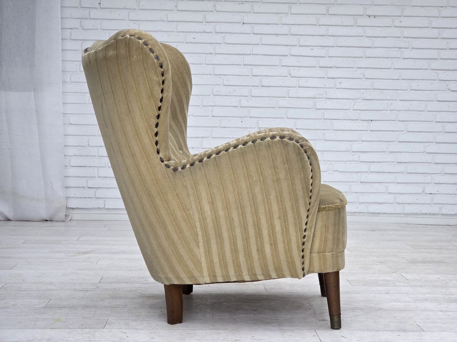 1960s, Danish Armchair, Light Green Furniture Velour, Beech Wood. photo Furniture