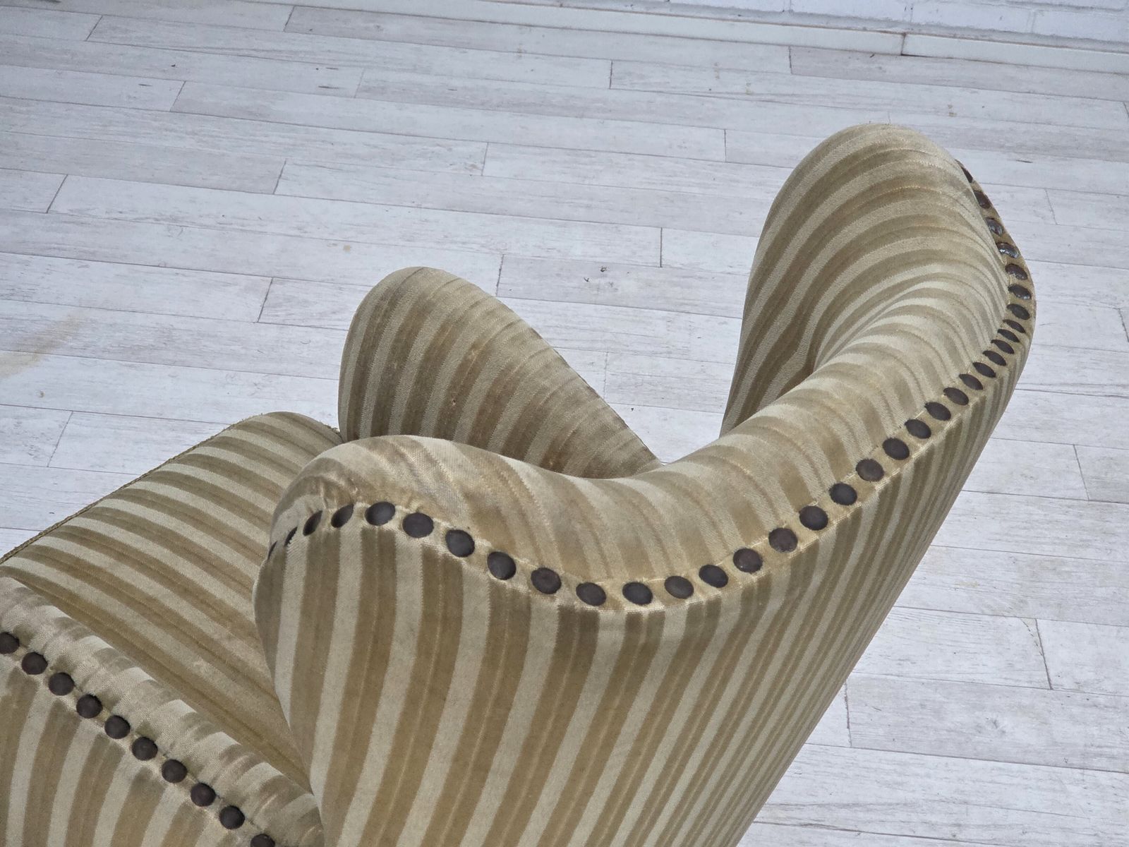 photo for sale 1960s, Danish Armchair, Light Green Furniture Velour, Beech Wood.