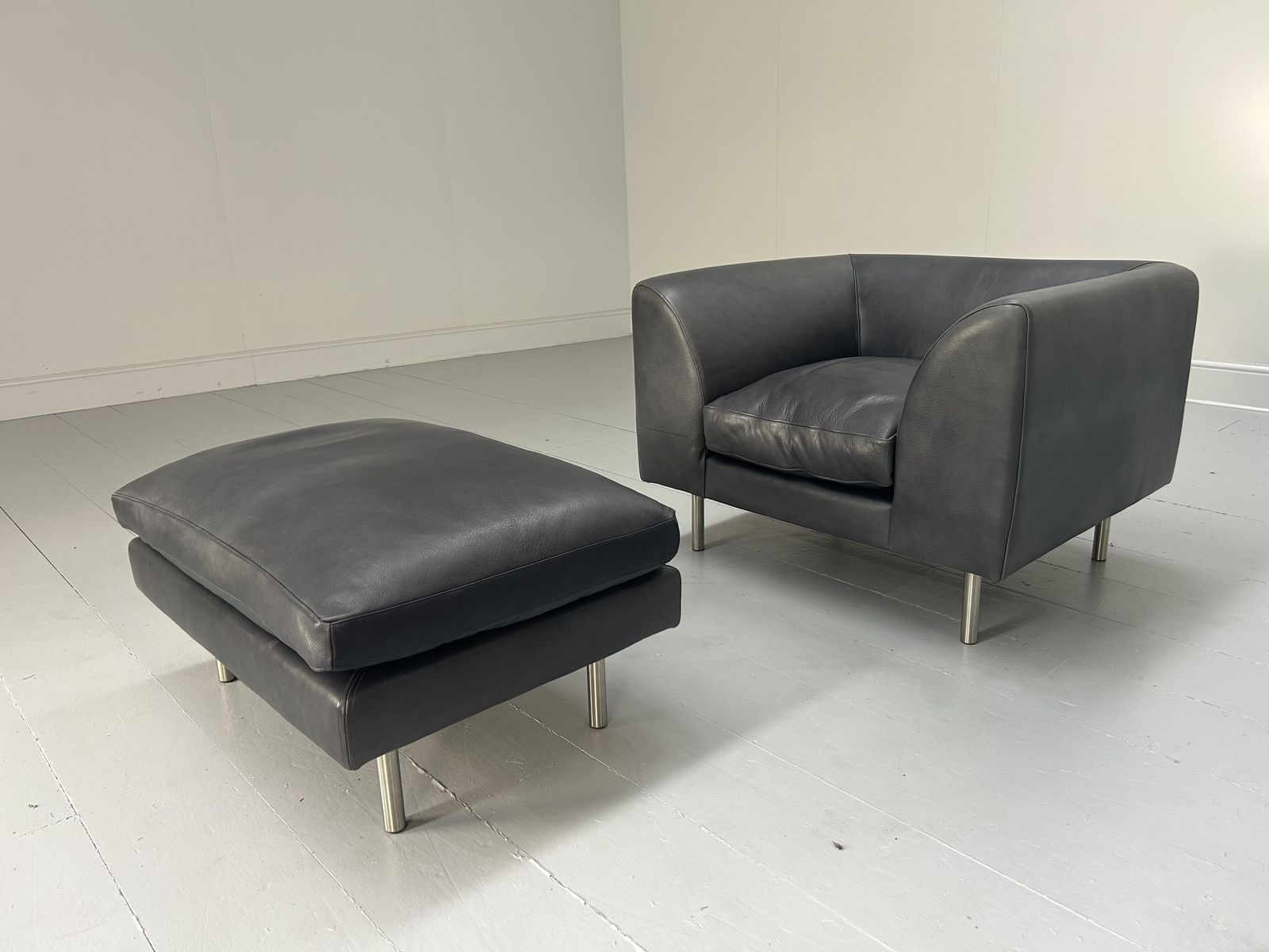 Scp “Woodgate” Armchair & Footstool/Ottoman – In Navy Blue Leather