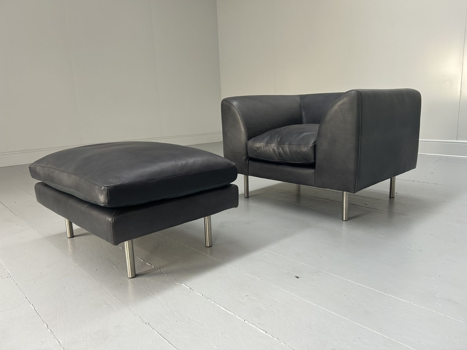 Scp “Woodgate” Armchair & Footstool/Ottoman – In Navy Blue Leather photo furniture