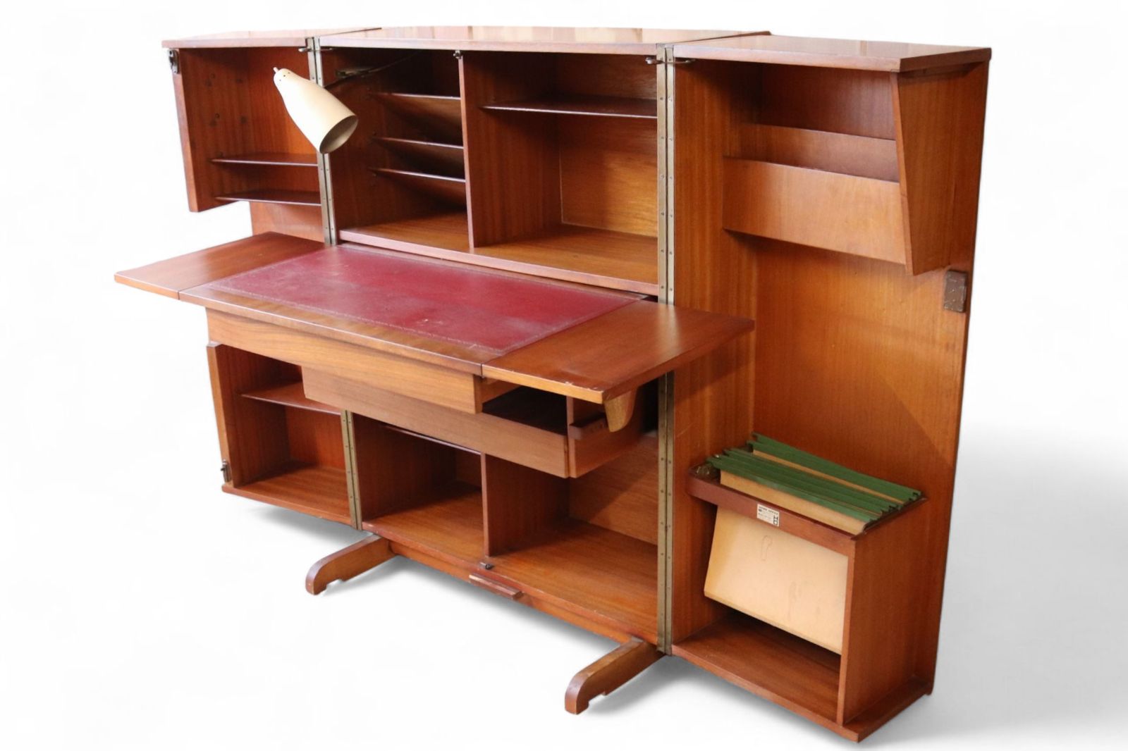 photo vintage Mid Century Teak Newcraft Home Office Magic Box Style Foldaway Desk Cabinet