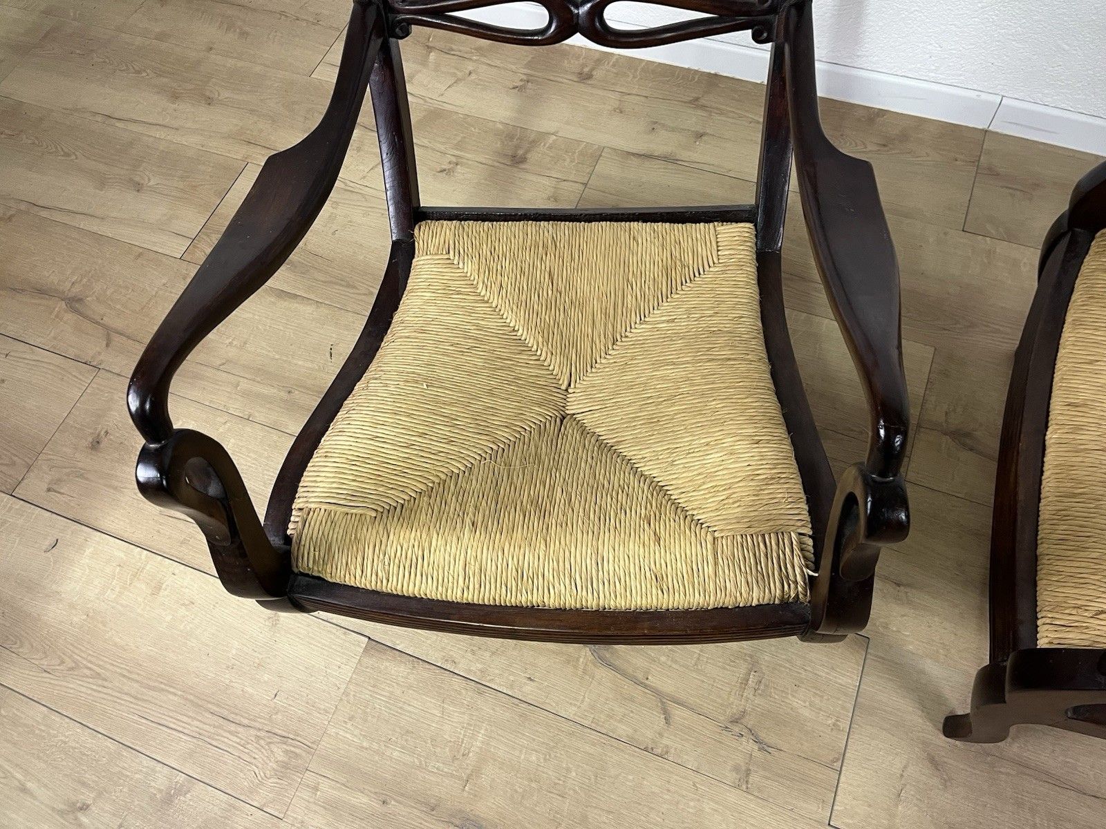 photo for sale Pair Of 40’s Vintage Design Swan Straw Wood Armchairs