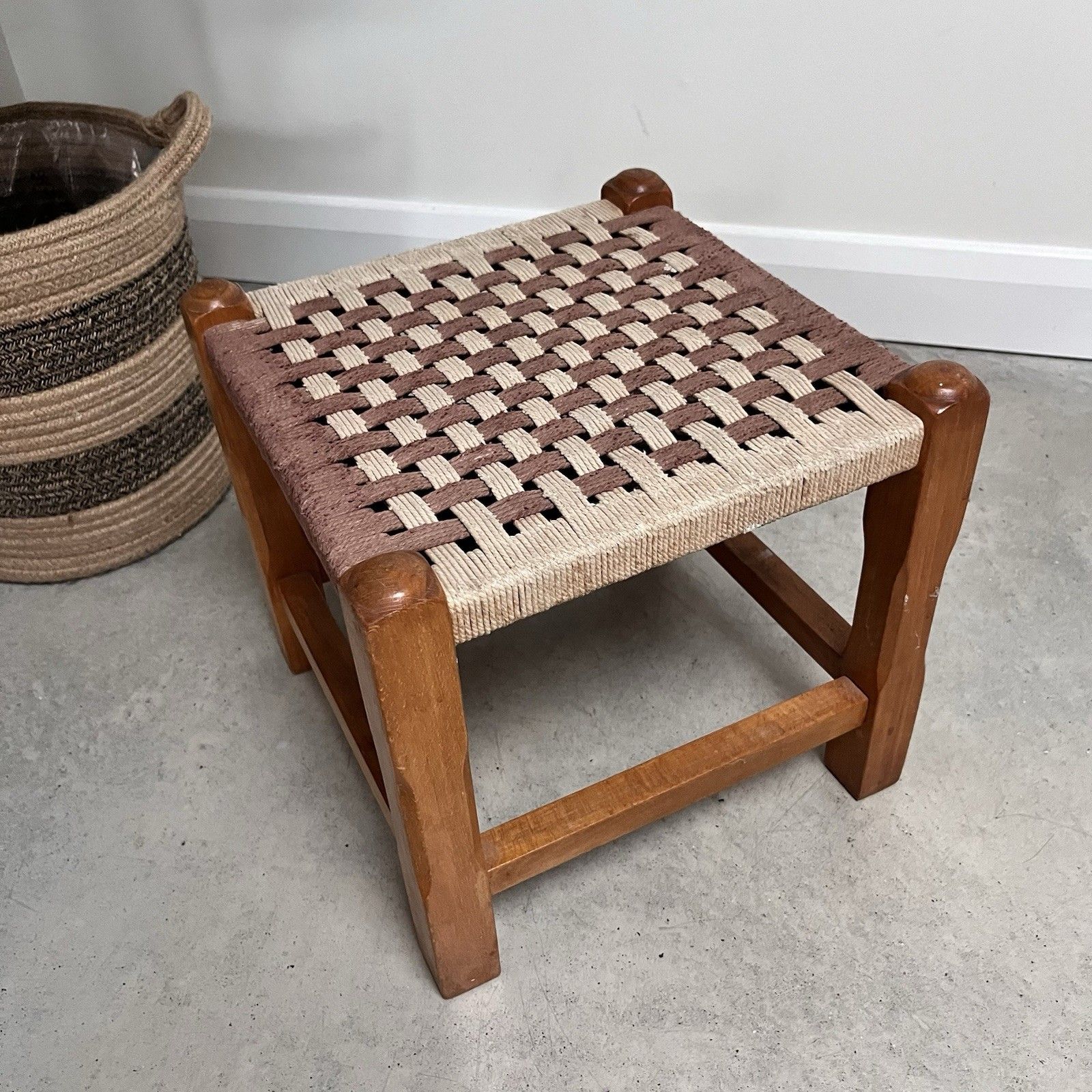 Vintage French Woven Jupe Rope Sea Grass Square Shaped Foot Stool Plinth Table photo furniture
