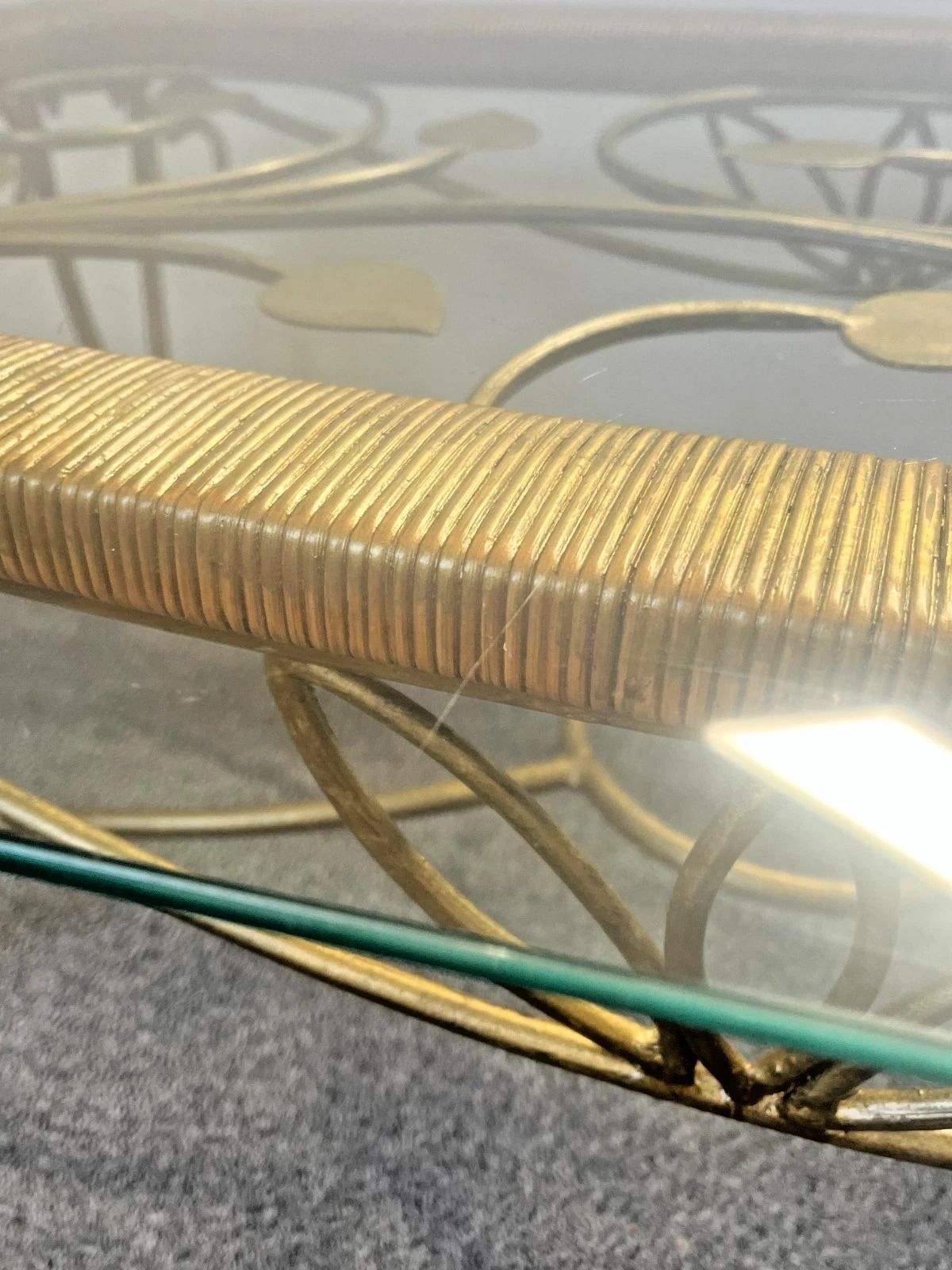 Vintage Wrought Iron Gold Coffee Table W Bevelled Glass Top – Ornate Vine Design photo vinterior