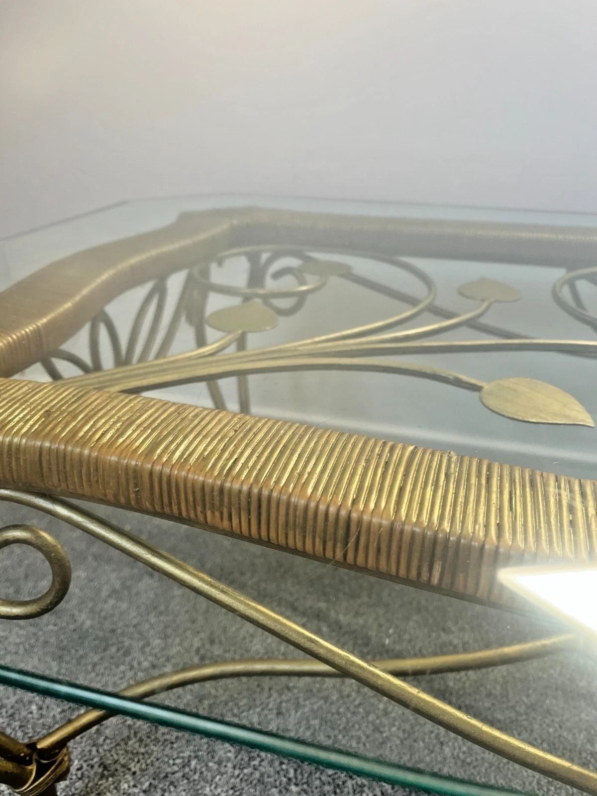 photo buy Vintage Wrought Iron Gold Coffee Table W Bevelled Glass Top – Ornate Vine Design